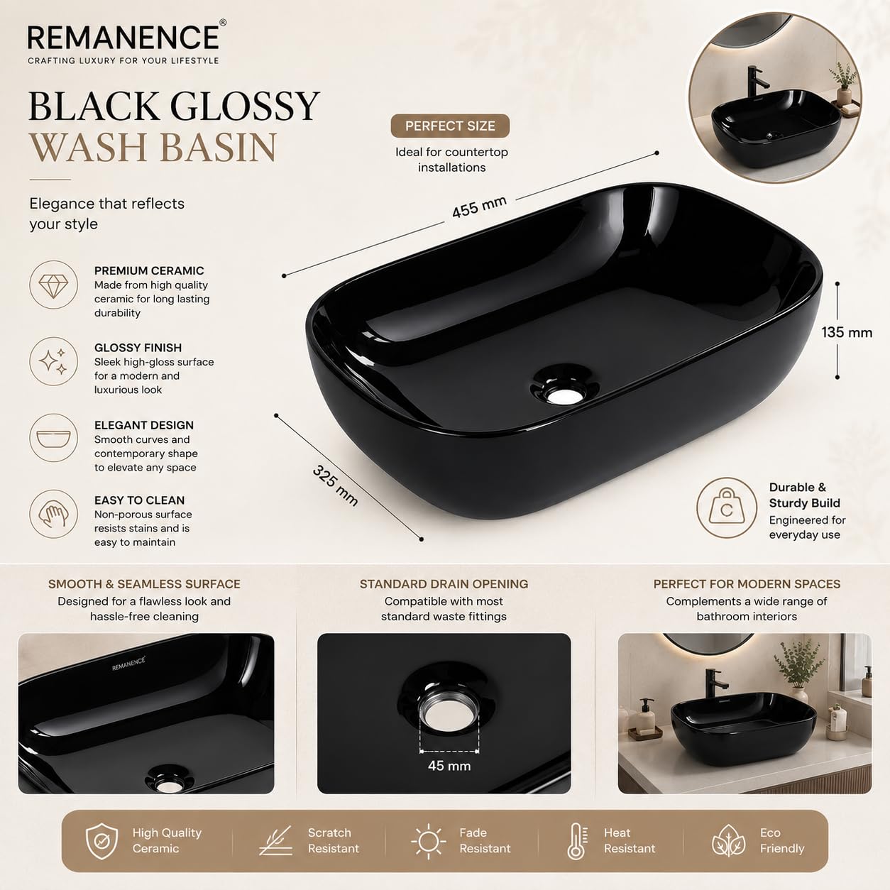 REMANENCE Premium Designer Glossy Finish Table Top Ceramic Wash Basin/Vessel Sink with Slim Rim Counter Top Basin for Bathroom (18 x 13 x 5.5 Inch) (Glossy-Black) 1