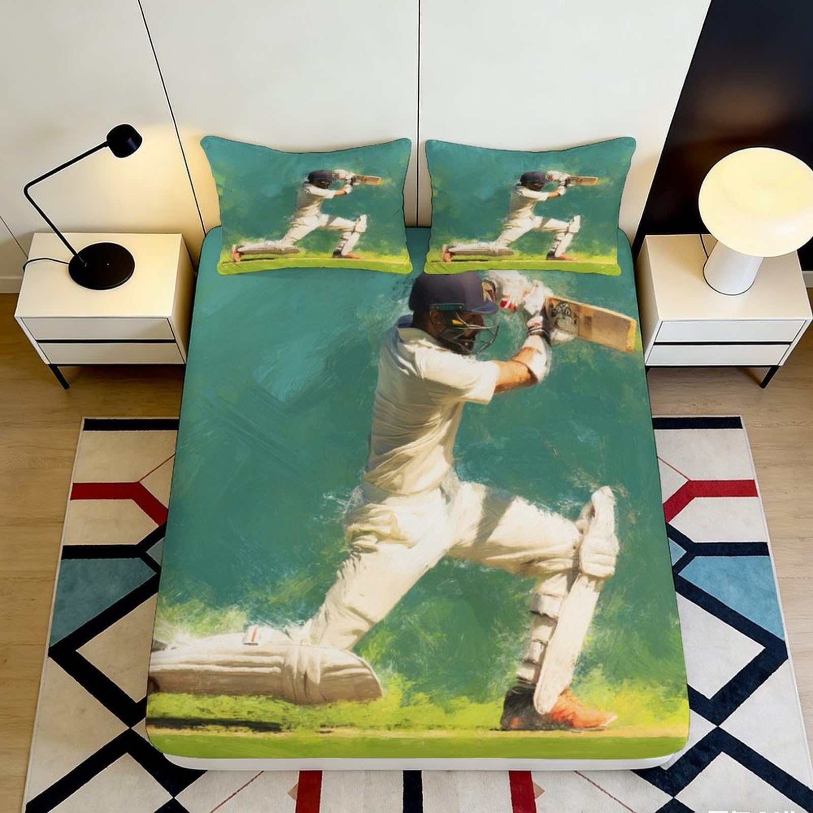 3D Printed Cricket Player Fitted Sheet Microfiber Soft Breathable Sports Art Mattress Cover for Bedroom Dorm Decor 90x200x25cm