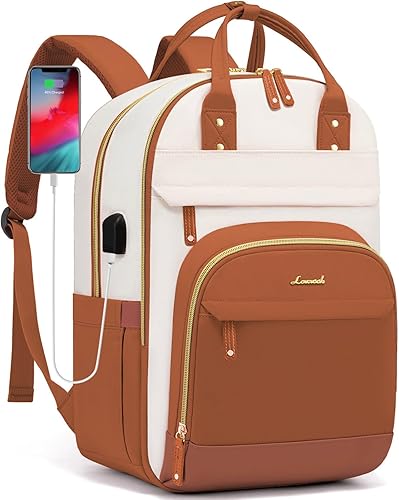 LOVEVOOK Mochila para computadora portátil para mujer, mochila de viaje para computadora portátil, Beige - Marrón, 15,6 pulg., Mochila de viaje para