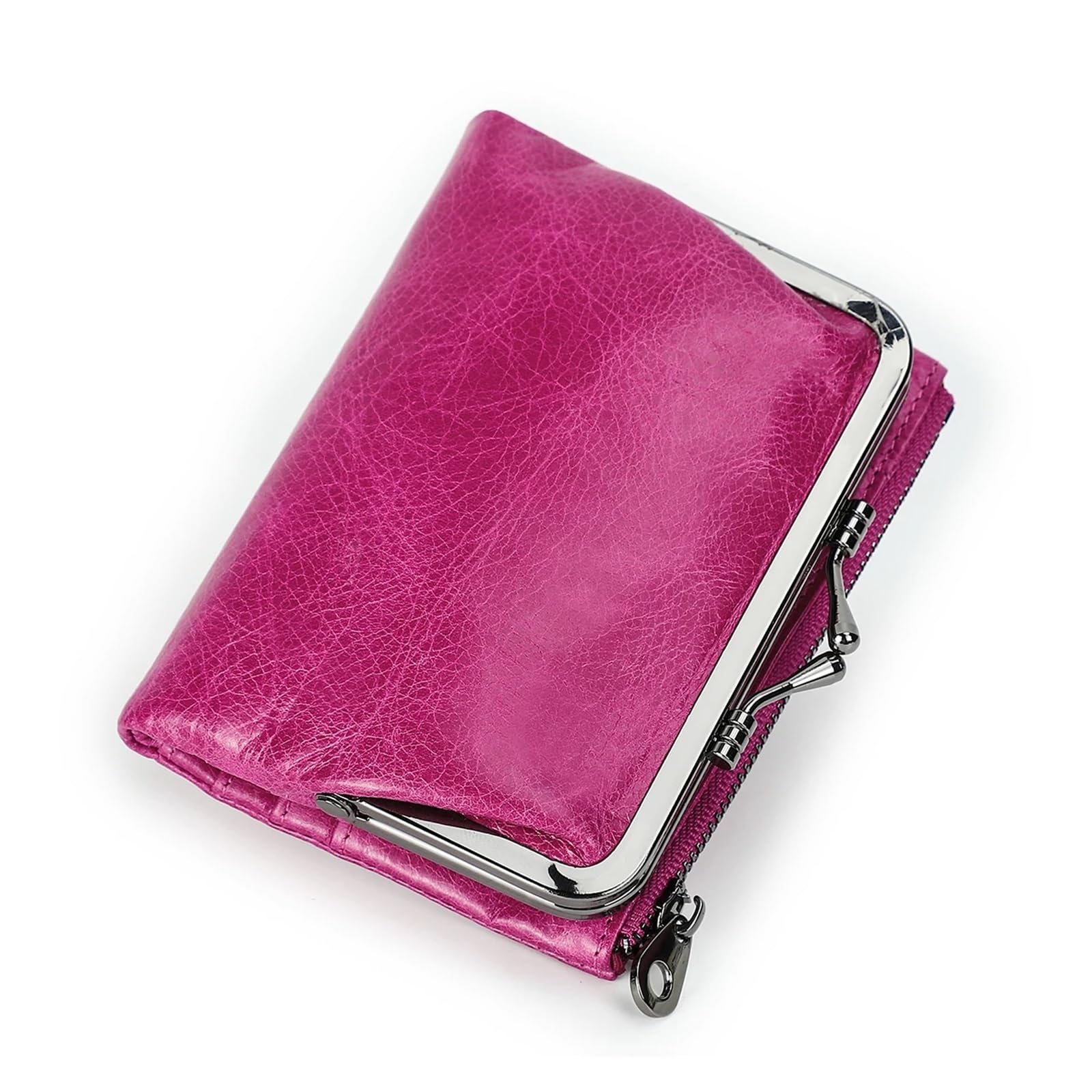 Carteras De Mujer Carteras Cortas de Cuero Genuino con Cierre de Beso for Mujer, Tarjetero con Marco de Metal, Monedero, Clip for Dinero, Bolso de Mano for Mujer(Rose Red)