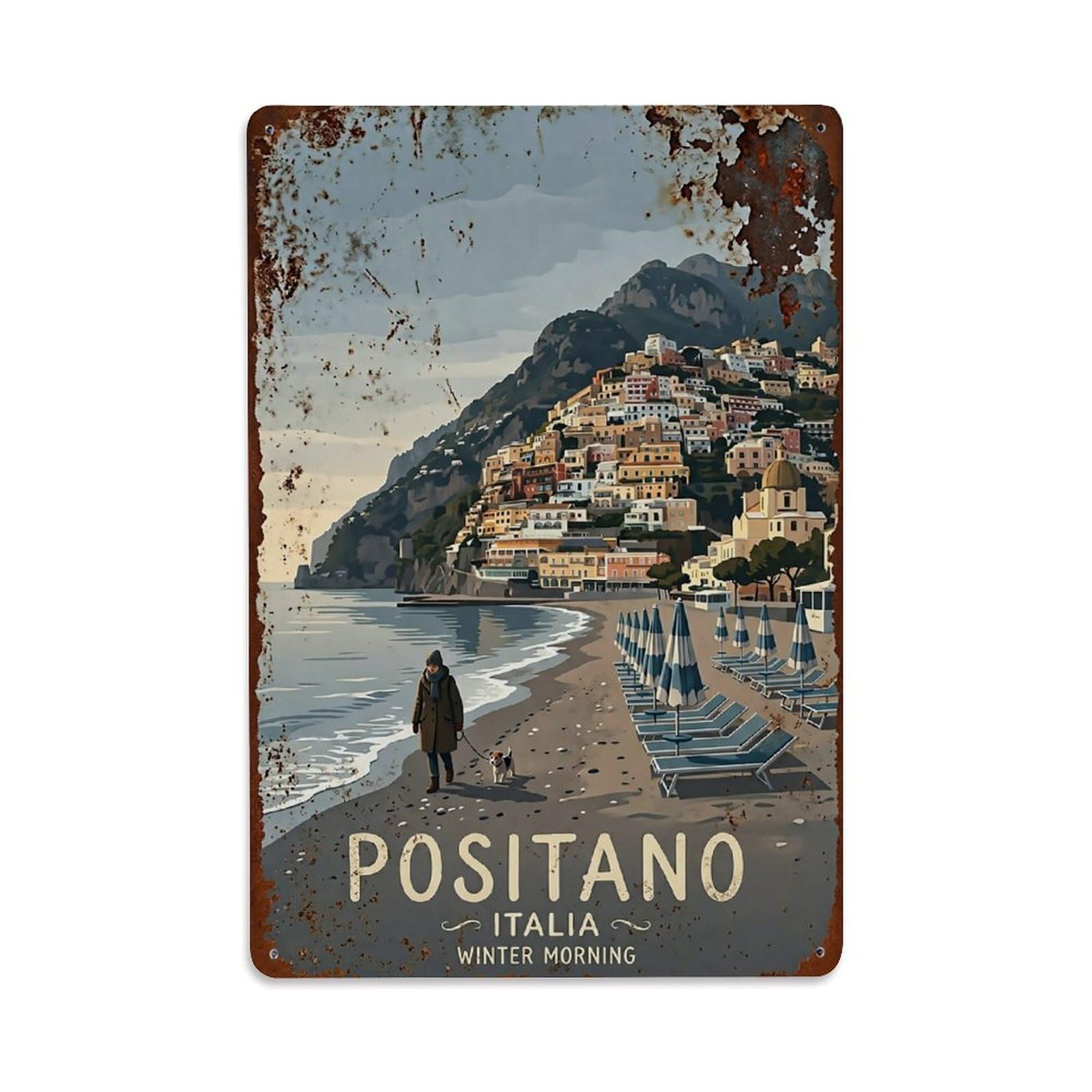Huiyhb 8X12inch(20X30cm) Vintage Travel Positano Italy Winter Quiet Shore Metal Tin Sign