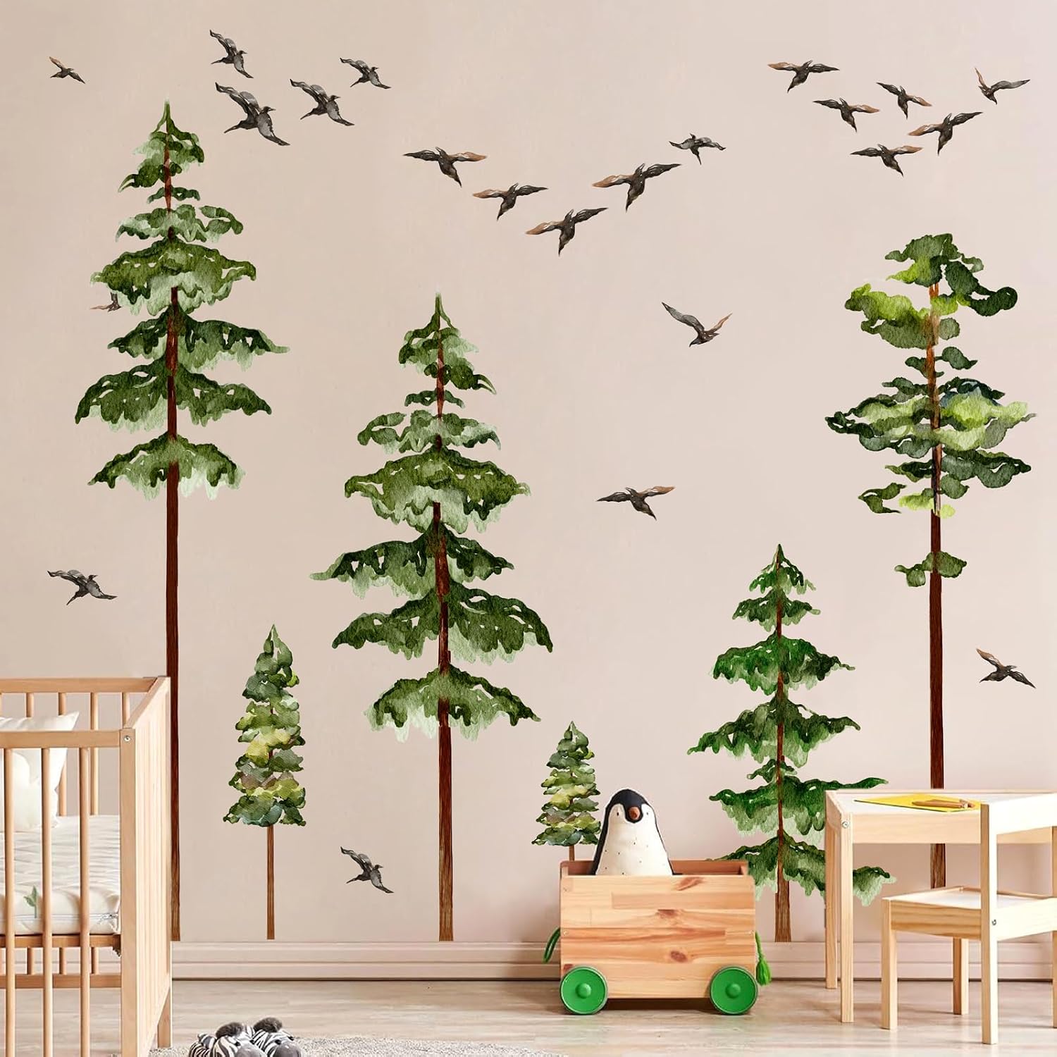 Large Pine Tree Wall Stickers Green Trees Wall Decals Peel and Stick Watercolor Birds Nature Giant Trees Decor Woodland Forest Sticker Green Tree Stickers for Living Room Bedroom Home Decor