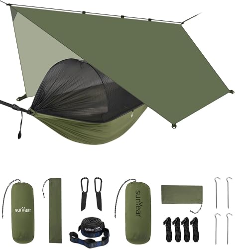 Sunyear Camping Hammock with Net & Rain Fly - Double & Single Hammock with House-Like Net- Easy Setup & Pack, Lightweight & Portable, Perfect for Hiking, Backpacking, Outdoor Sleeping