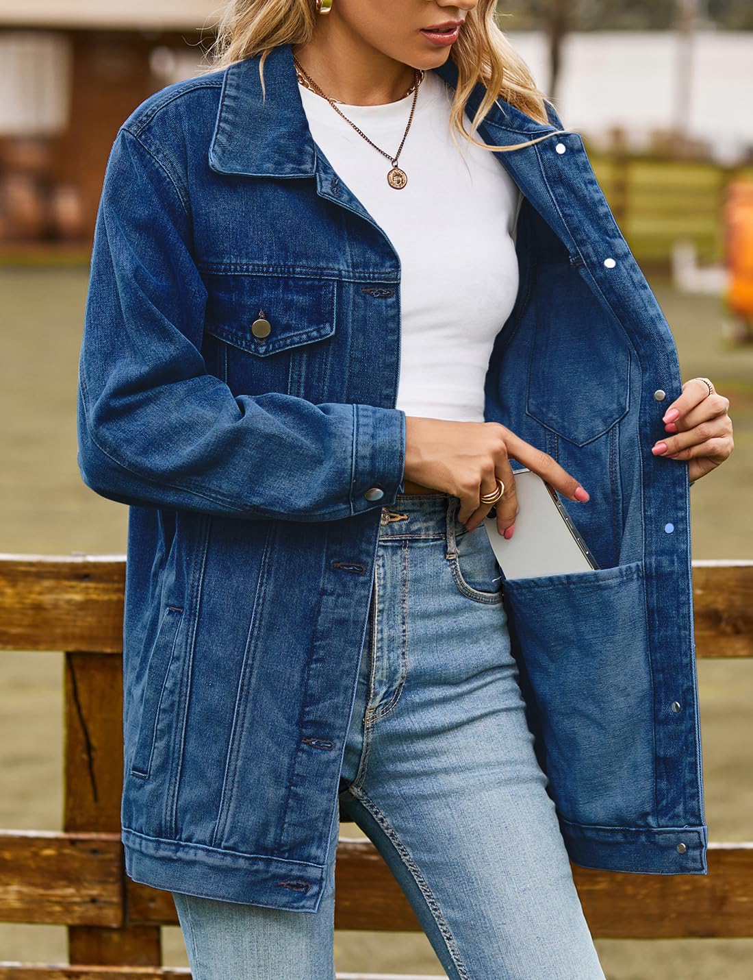 Chaqueta vaquera informal para mujer, holgada, con botones, cuello alto, manga larga, largo