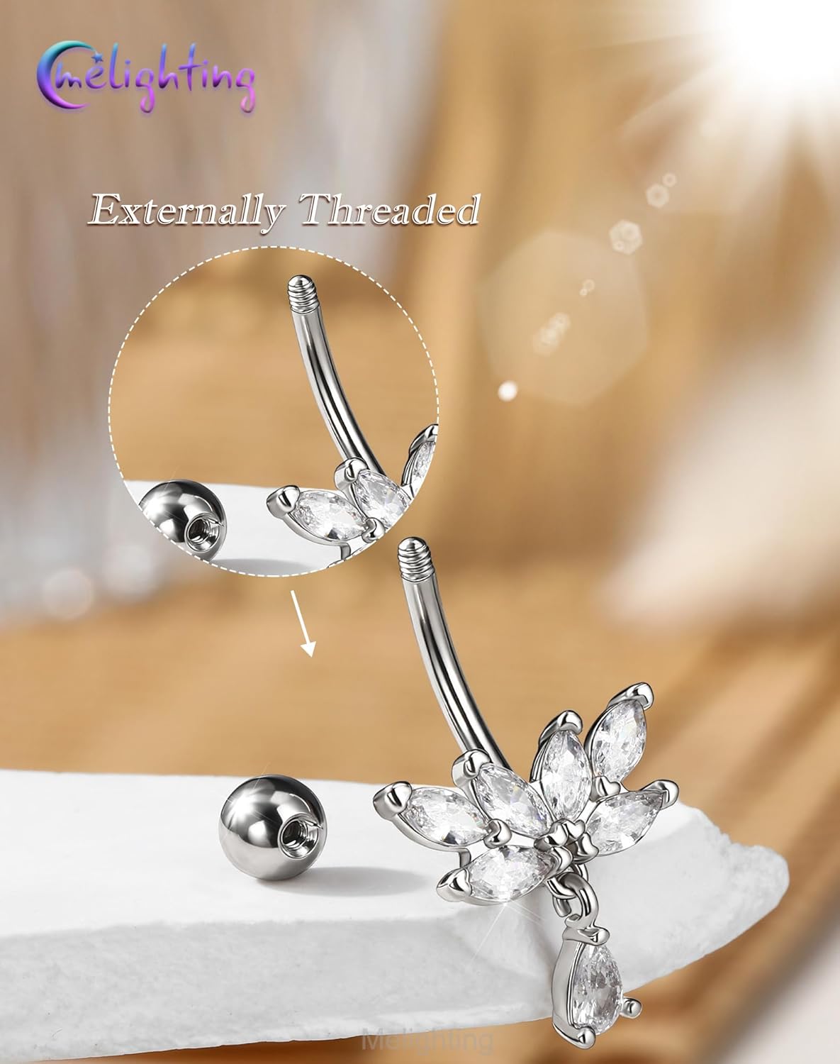 Melighting 14G Lotus Belly Button Ring Stainless Steel 316L Dangle Navel Piercing Jewelry Marquise CZ Belly Bar 10 mm Silver Body Jewellery for Women - Image 4