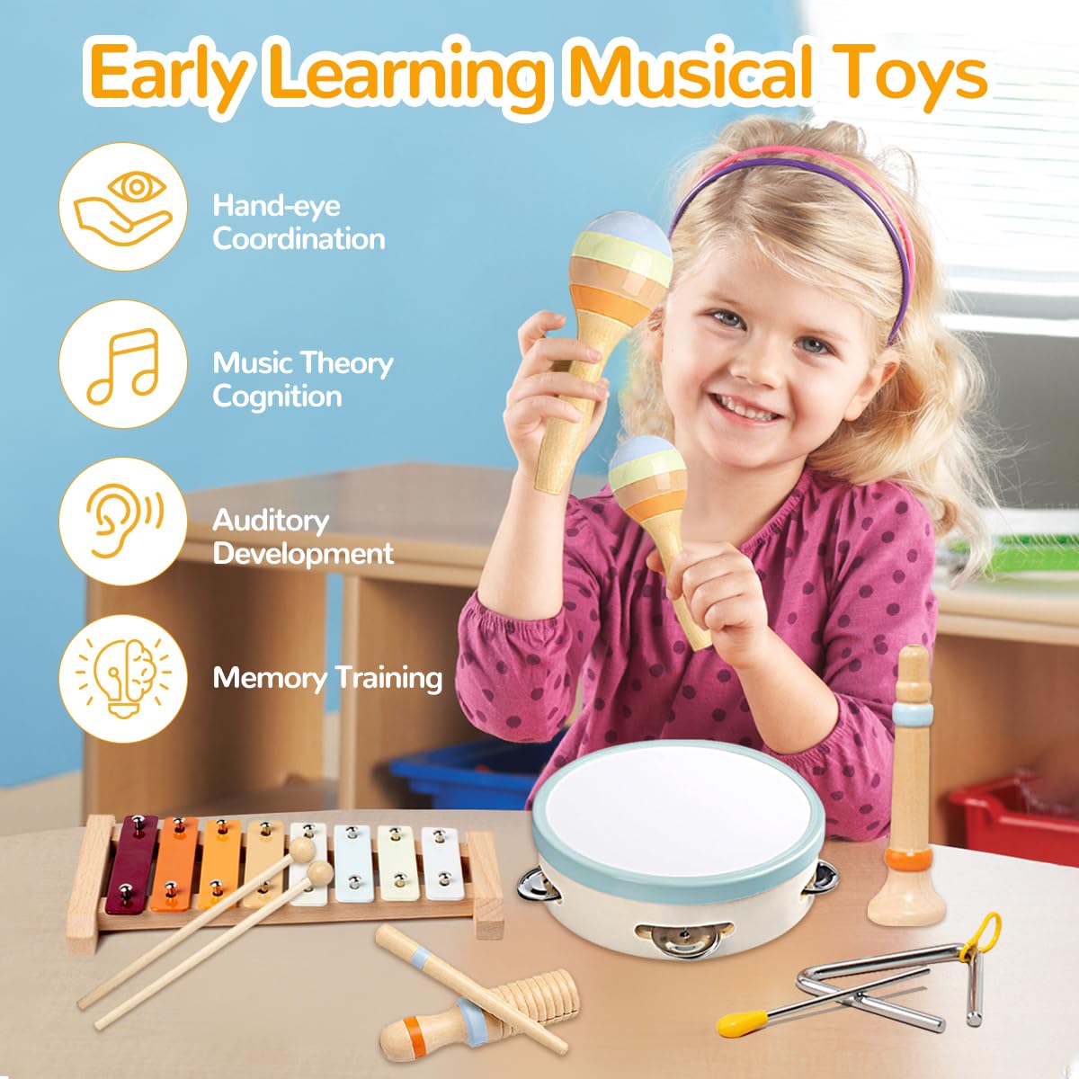 8-in-1 Montessori Musikinstrumente Kinder ab 1 Jahr, Holzspielzeug mit Xylophon, Trommel, Triangel, Maracas, Flöte, Baby Musikspielzeug, Kinderschlagzeug ab 2 3 Jahre, Lernspielzeug für Jungen Mädchen