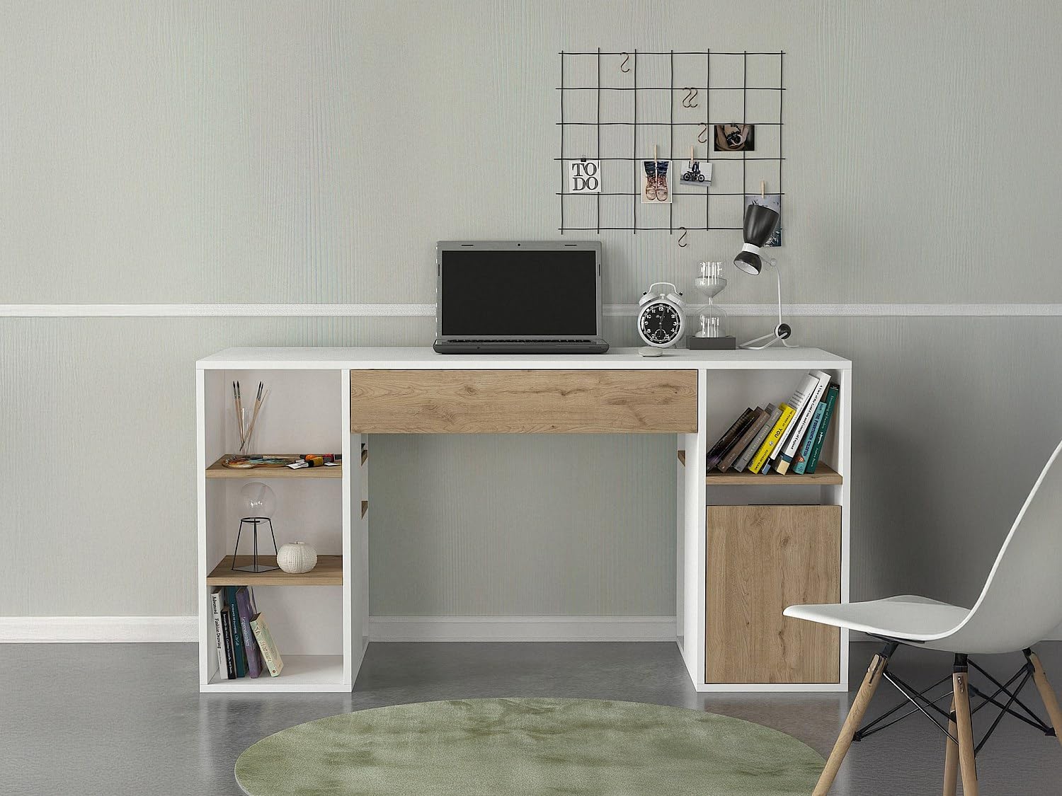 Vente-unique - Bureau avec rangements - Blanc et Naturel - MELAVA