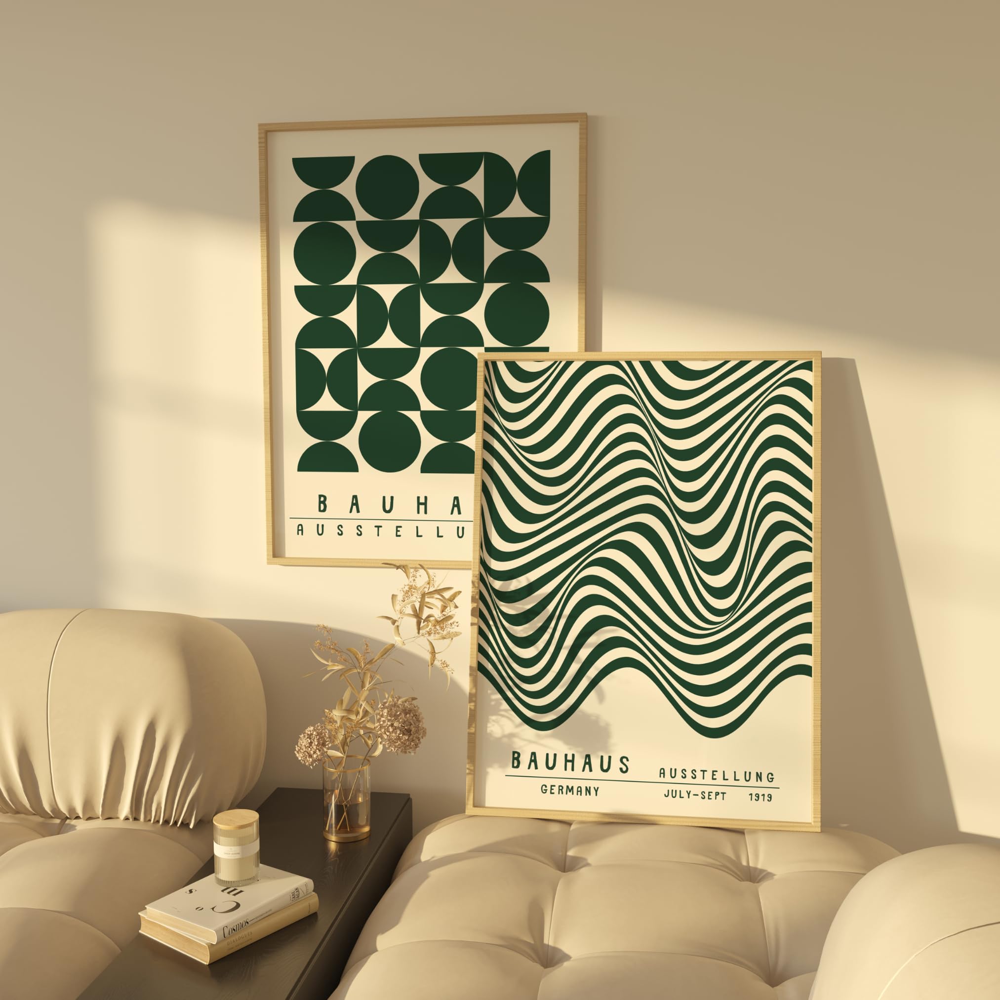 ZoeyAustin® Set di 3 poster d'arte senza cornice, 50 x 70, elegante poster da parete, 3 immagini, immagini fronte/retro (Bauhaus Verde)
