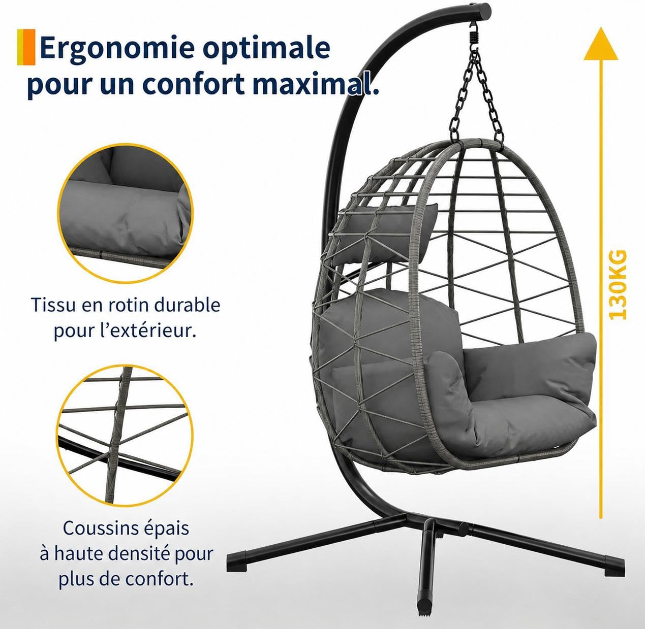 GarveeTech Fauteuil Oeuf Suspendu avec Support, Structure Acier Robuste, Rotin Synthétique PE résistant aux intempéries, Coussin Épais, Charge 150kg, pour Intérieur Extérieur Jardin Terrasse