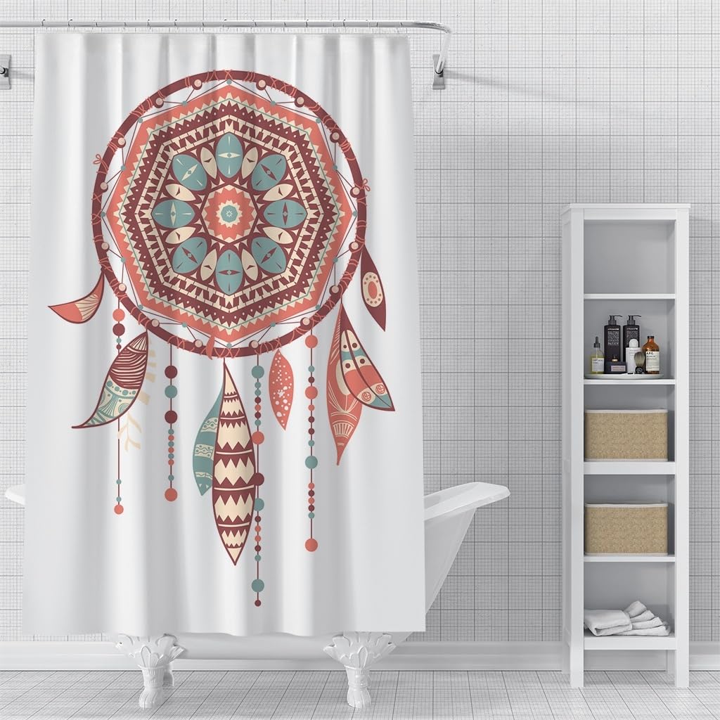 Cortina de Ducha 240 x 200 cm Dreamcurtain Retro Roja con Estampado Bohemio de Plumas Sobre Fondo Blanco para Bañera de Niños, Niñas y Adolescentes. Tejido de Poliéster Impermeable para decoraci