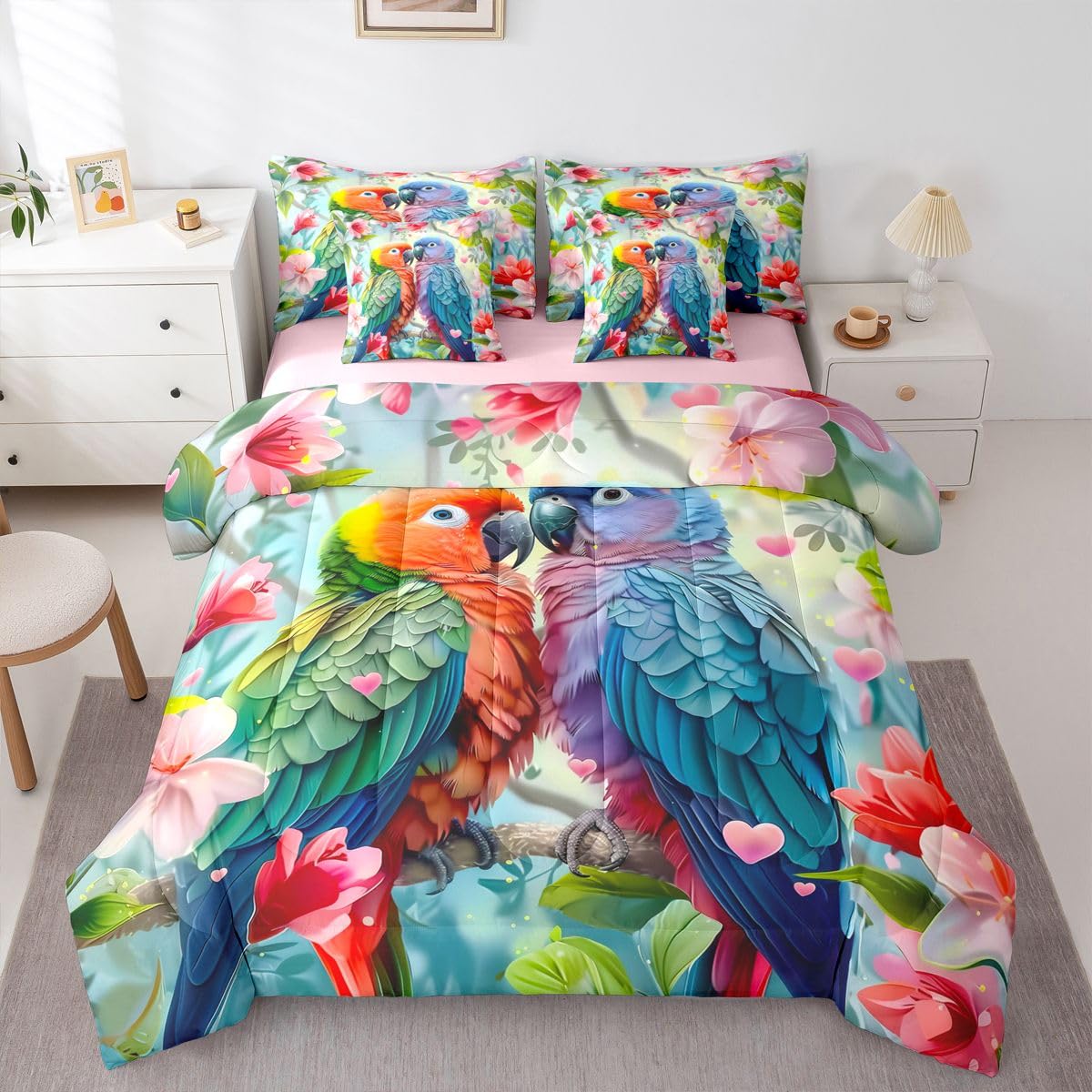 Castle Fairy Parrot Couple 7 PCS Comforter Set,Valentine Cartoon Birds Bedding Set for Kids Adults Girls,Tropical Parrot Animals Bed in a Bag with Comforter,Sheets and Pillow Cases,Queen