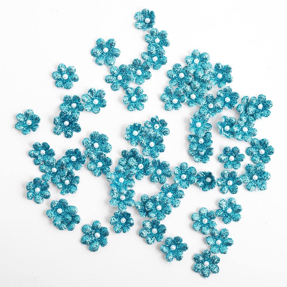 1cm Mini Glitter Paper Craft Flowers - Turquoise Blue (Pack of 60) - Image 2
