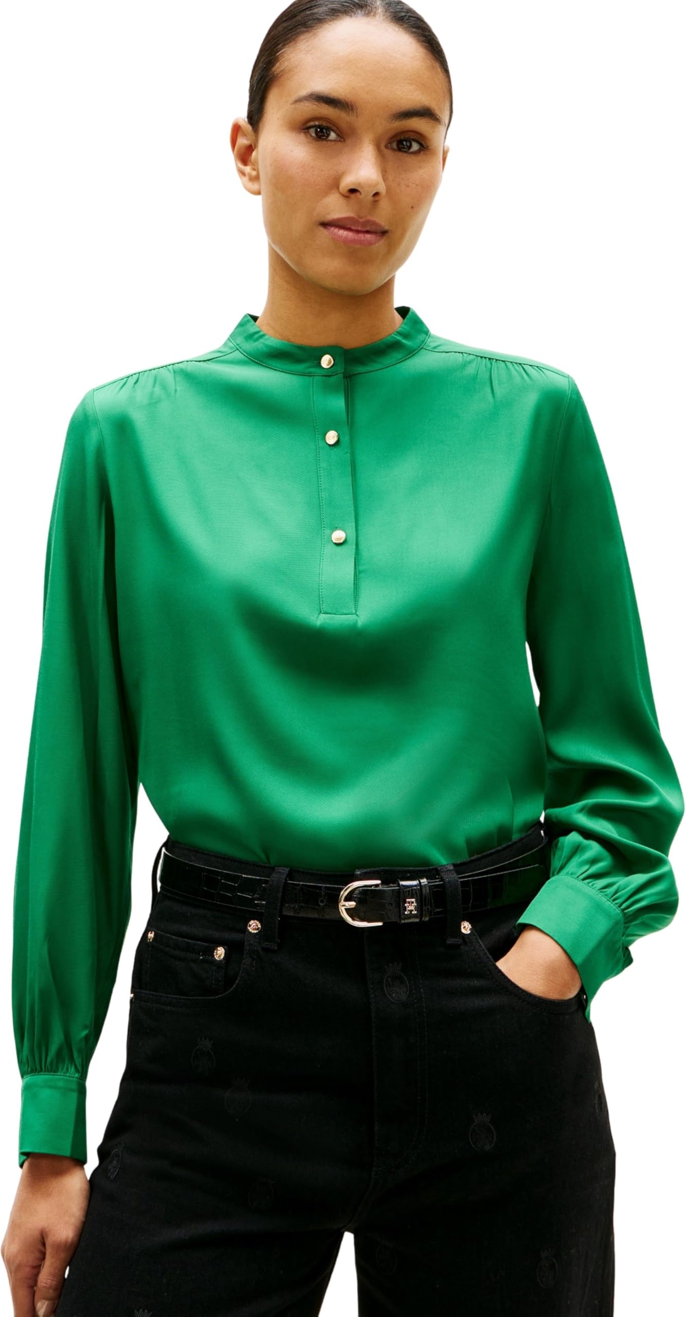 Tommy Hilfiger Bluzka damska VIS Twill V-NK WW0WW48178 L/S bluzki, zielona (nouveau green), 38, Zielony (Nouveau Green), 64