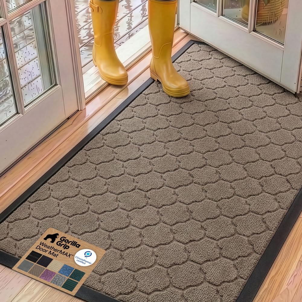 GORILLA GRIP 100% Waterproof All-Season WeatherMAX Doormat, 60x24, US Designed Natural Rubber, Stain and Fade Resistant, Low Profile Indoor Outdoor Door Mats, Easy Clean Patio Mat, Latte Quatrefoil