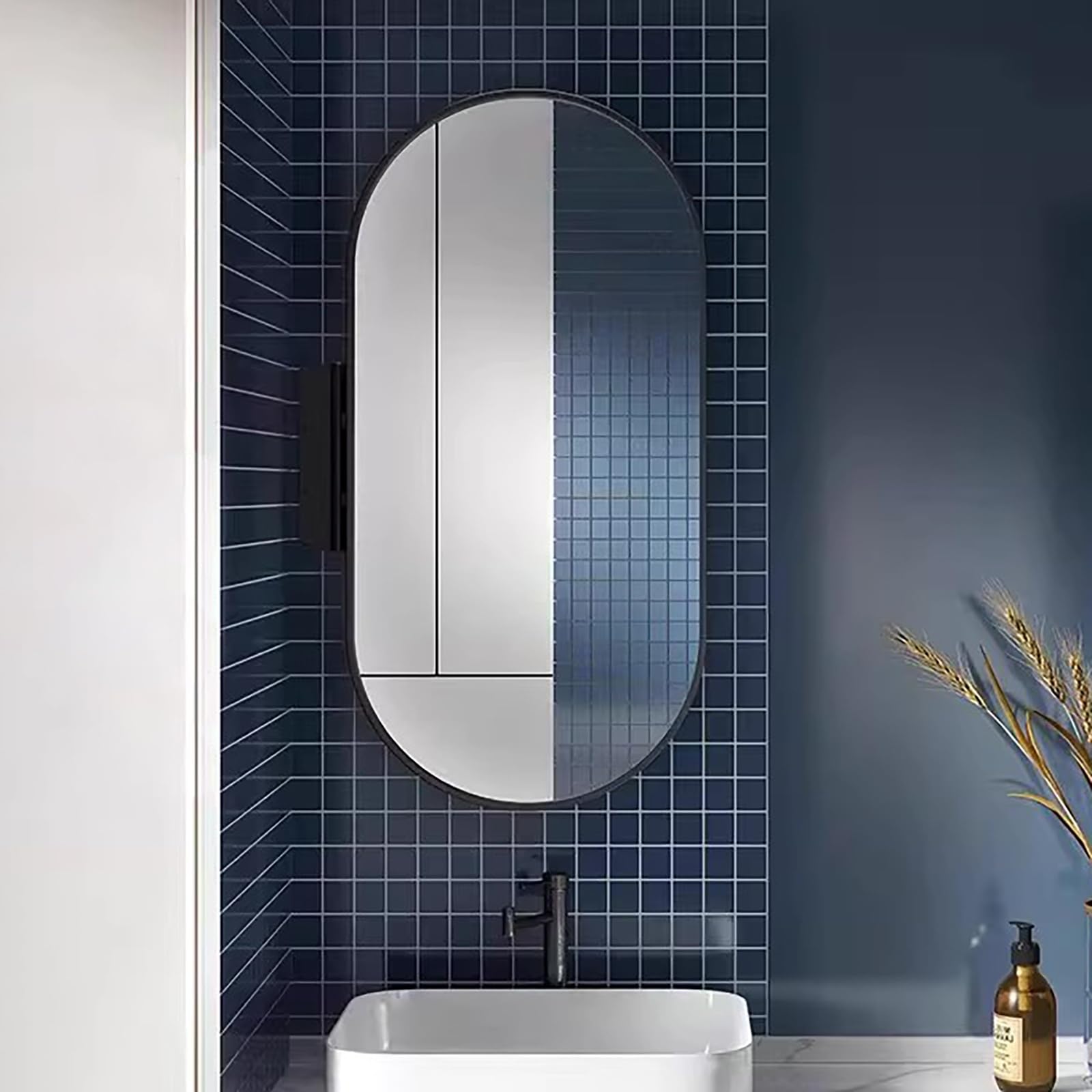 Specchio Angolare da Bagno, Ovale Specchio da Parete con Cornice in Metallo Supporto Girevole, Specchio Inclinabile e Girevole(Black,40x80cm/15.7x31.5in)