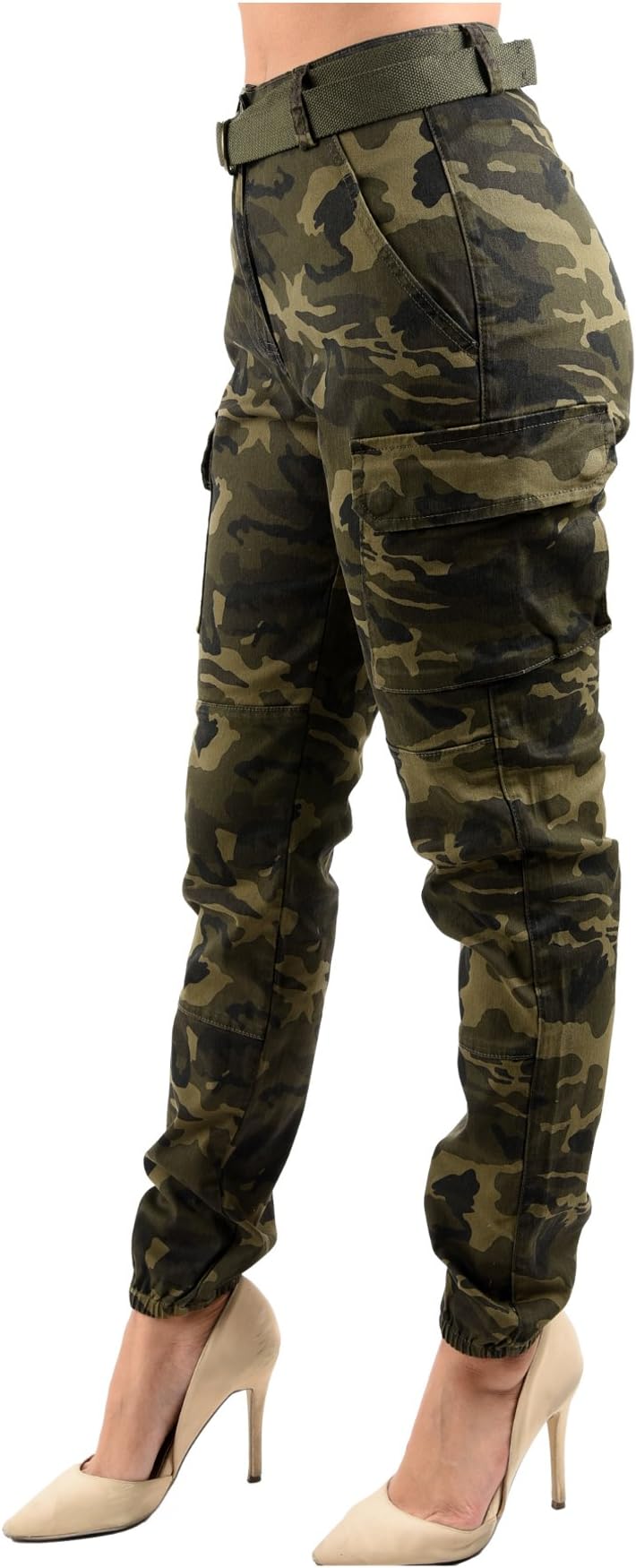 Twiin Sisters Women's High Waist Slim Fit Jogger Cargo Camo Pants for Women with Matching Belt