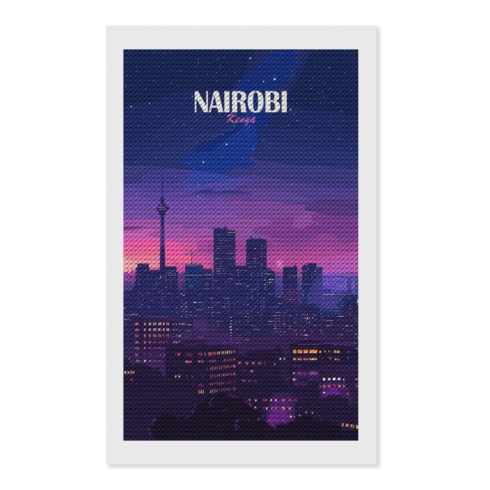 Junmoney Nairobi, Kenya Cityscape at Night Diamond Painting Canvas Kit 12"x20", Adhesive Canvas, Living Room Decor, Farmhouse Decor, Winter Craft