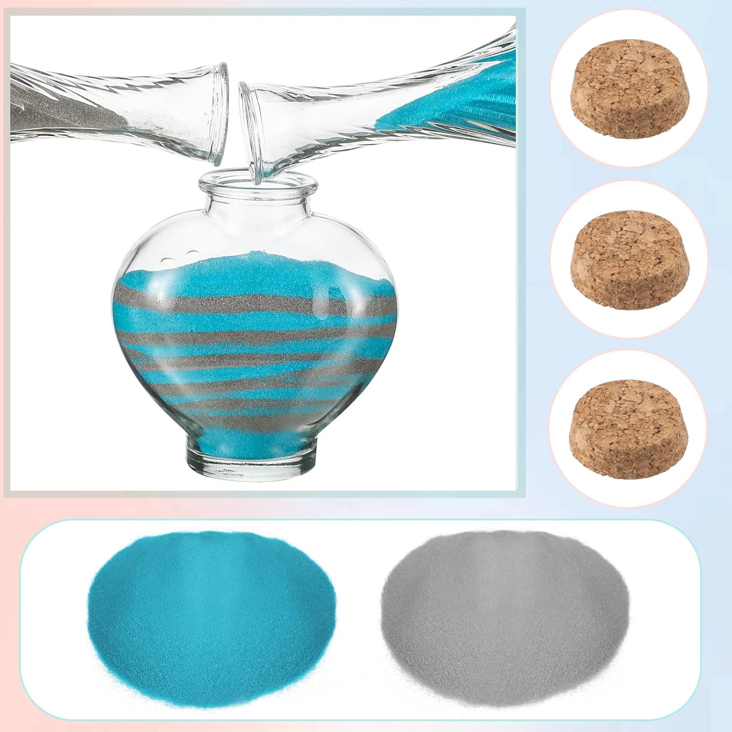 3 Pcs Unity Sand Ceremony Kit for Wedding Handmade Decorative Vase Set with Cork Lids 1 lb Colored Sand Decorative Glass Jars Container for Wedding Ceremony Ideas(Gray, Blue)
