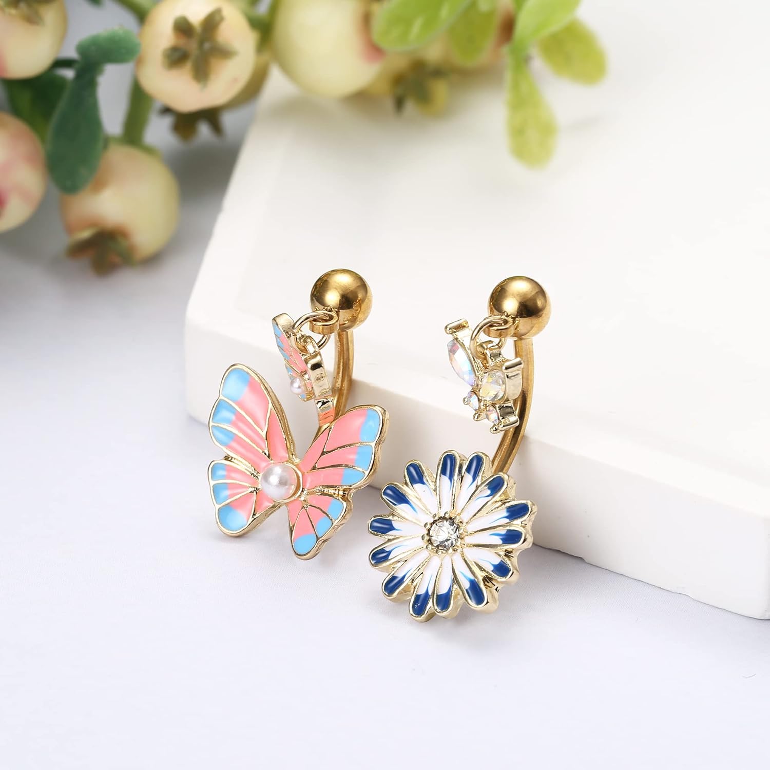 Miniatura 6 de Sanfenly 14G Belly Button Rings for Women 316L Surgical Steel belly rings Cute Dangle CZ Heart Flower Butterfly Evil Eye Leaf Dangling Navel Rings