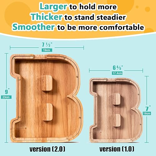 Miniatura 262 de SummiDate Alcancía de madera con nombre, niños y niñas, tamaño grande, letras alfabeto A-Z, monedas y billetes, inicial en cubierta transparente