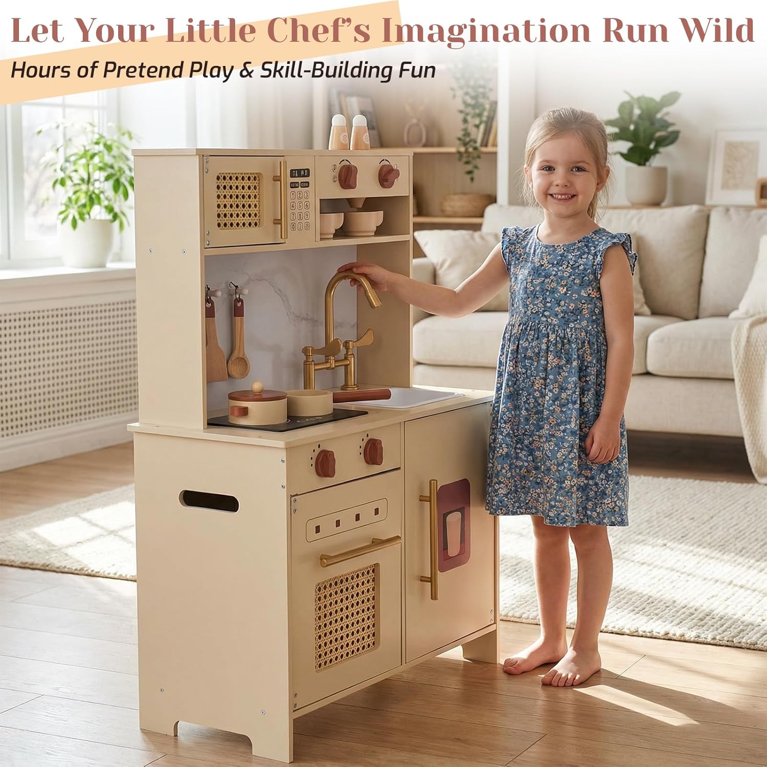 Wooden Kitchen Playsets for Kids, Pretend Play Kitchen with Realistic Clicking Sounds, Gold Faucet, Coffee Maker & Cooking Accessories, Set for Toddlers Boys Girls Age 3+