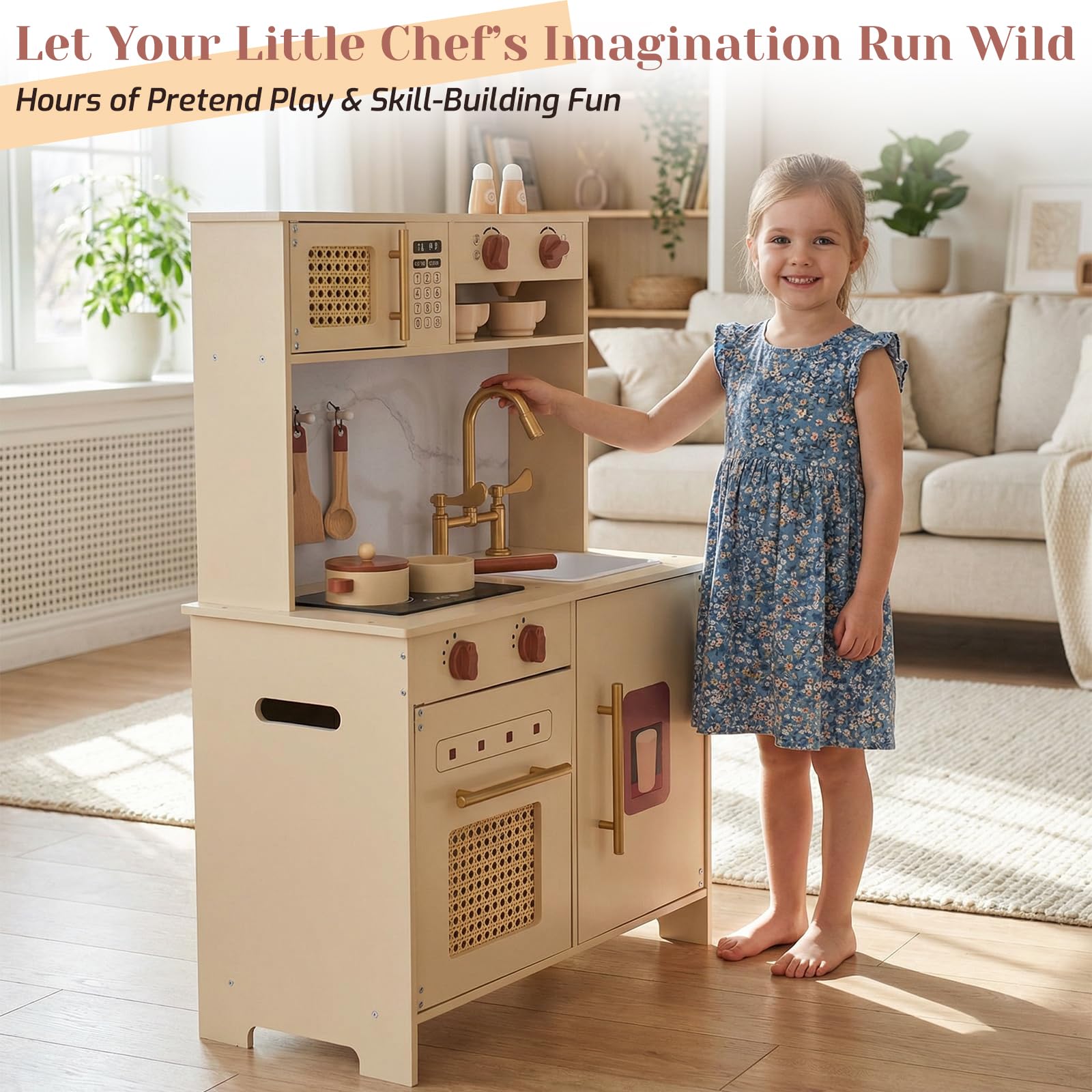 WoodenFun Rosa Retro Kinderküche aus Holz Creme-Beige Spielküche mit Mikrowelle, Backofen, Spüle & Zubehör,Rollenspielzeug Moderne Holzspielküche für Kinder ab 3 Jahren(Gelb)