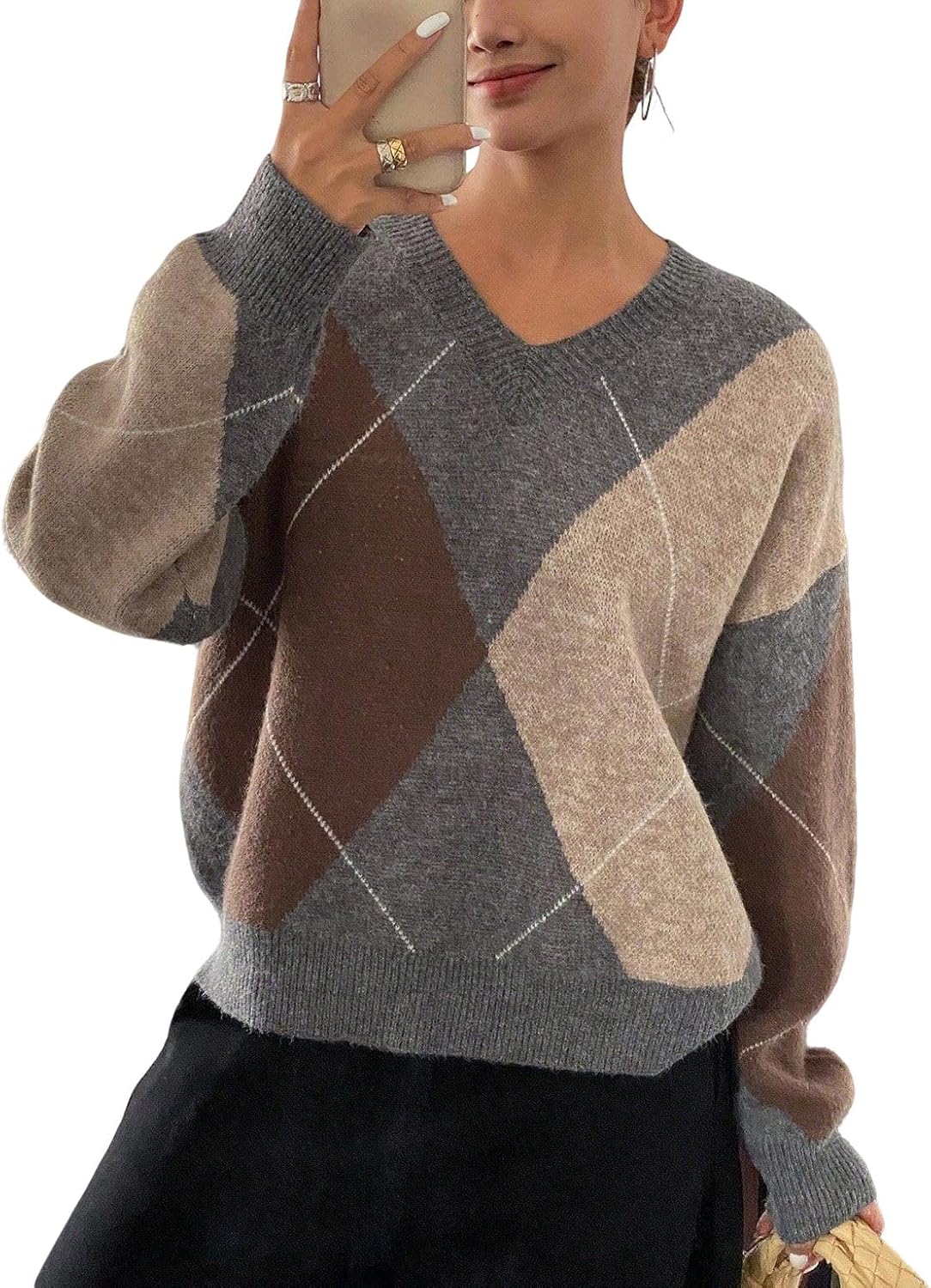 CHARTOU Women Causal V Neck Pullover Sweater y2k Argyle Plaid Sweater Preppy Style Knitwear Tops