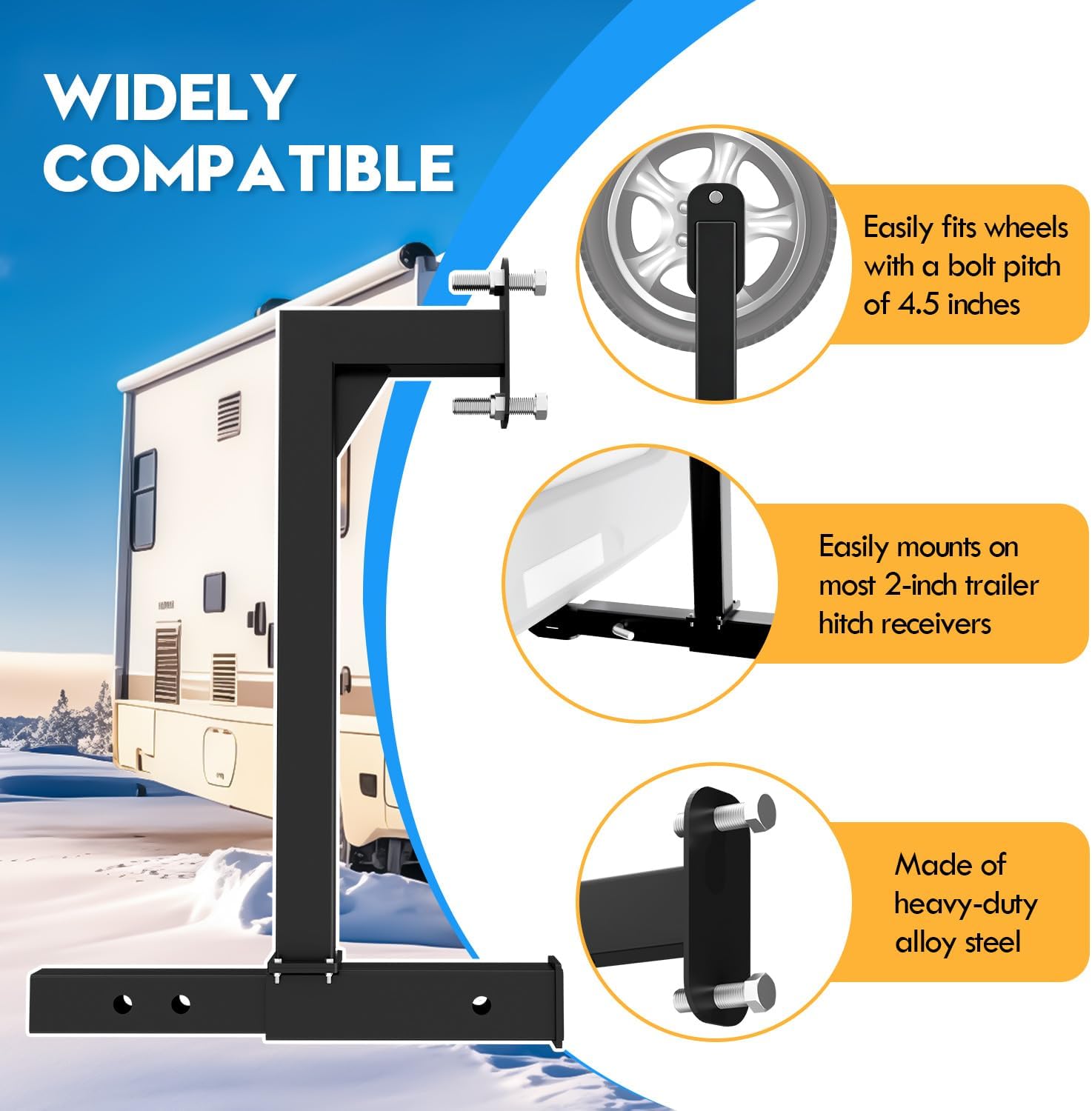 Hitch Mount Spare Tire Carrier Split Structure for Wheels with 4.5-inch Bolt Spacing, Hitch with 2 Inch Receiver RV Spare Tire Carrier Mount for Vans SUVs and Motorhomes (Black)