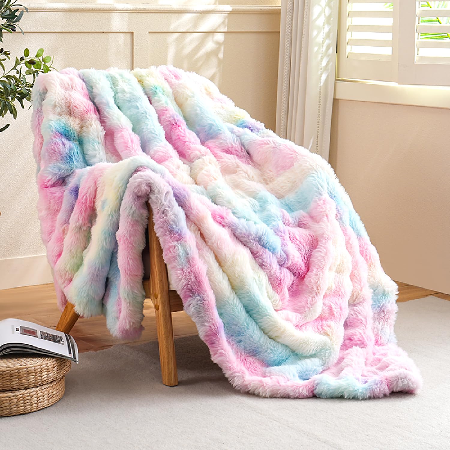pink faux fur throw blanket for couch rainbow fluffy plush fuzzy bed blankets warm thick rabbit fleece bubble throws for bedroom living room home decor, 51"x63"