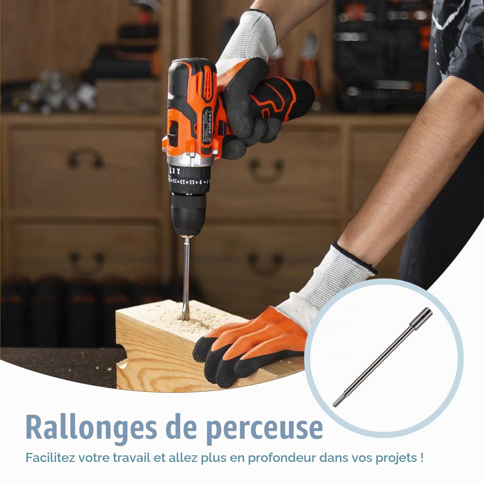 Rallonge Foret 254mm pour Forstner, Tige Hexagonale 9,5mm, Acier Haute Teneur en Carbone, pour Trous Profonds et Précis, Inclut Vis de Réglage et Clé Allen