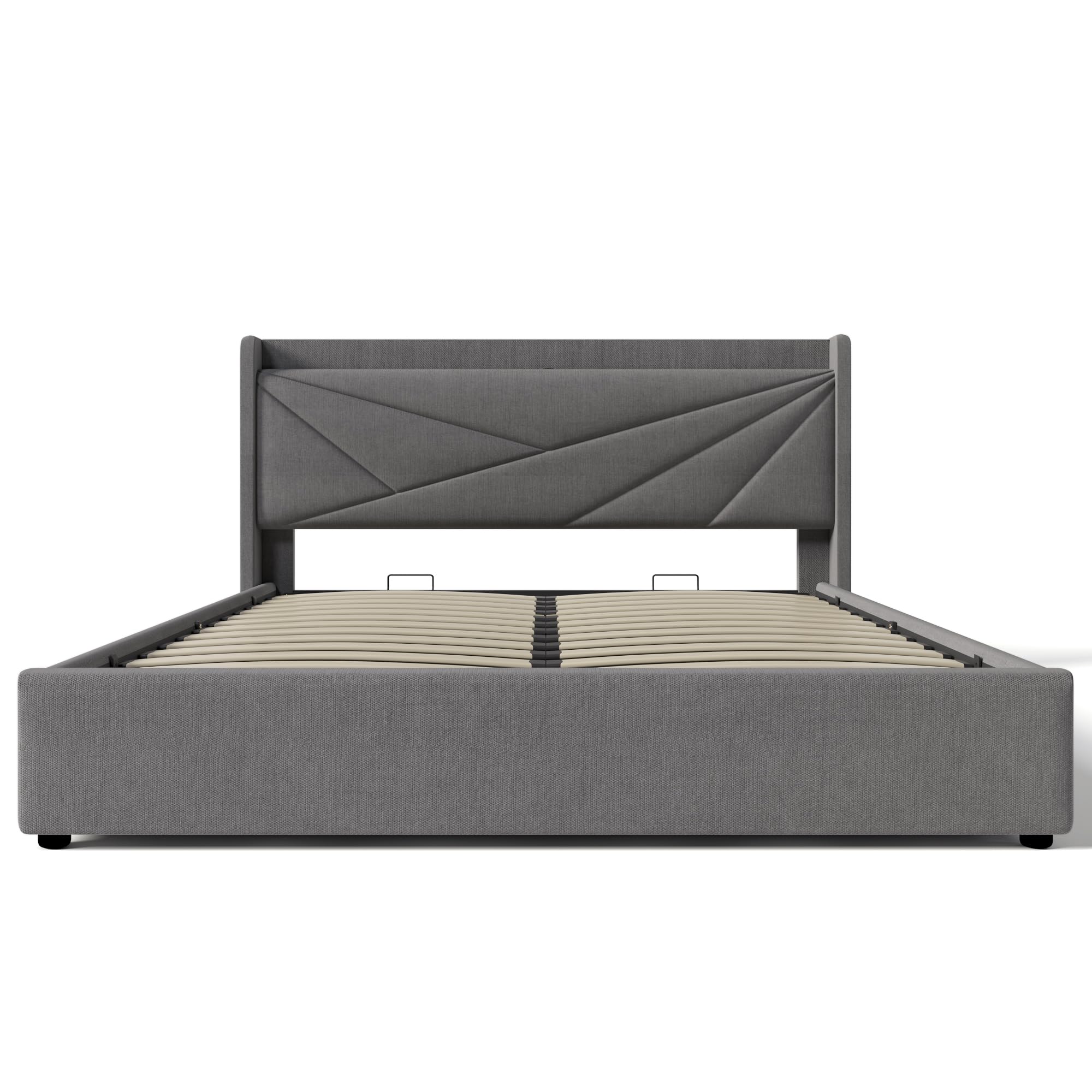 MURUL Letto imbottito per letto matrimoniale, contenitore con funzione di ricarica USB tipo C, testiera, con rete a doghe, telaio in tessuto di lino, per ragazzi (grigio, 160 x 200 cm)
