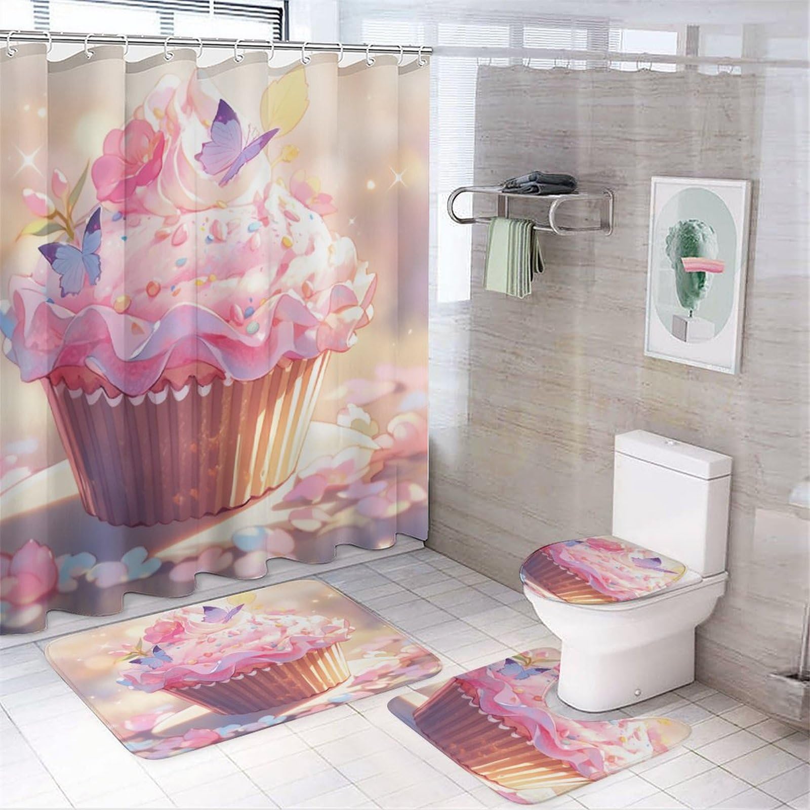 HighonHi Cute Pink Cupcake Muffin 4 Piece Decor Shower Curtains Sets Bathroom Sets with Curtain Rug Toilet Cover and U Shaped Mat Pink Christmas Durable and Waterproof for Bathroom Decor Set