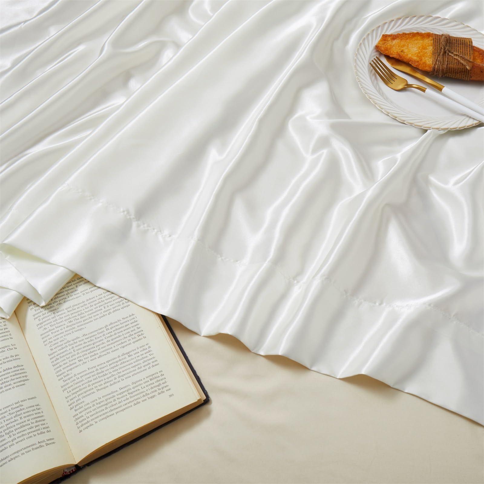 Ersmak Satin Flat Sheet Only, Single Flat Sheet King, Luxury & Ultra Soft Silky Bedding Top Sheet for King Mattress - Ivory White - Image 3