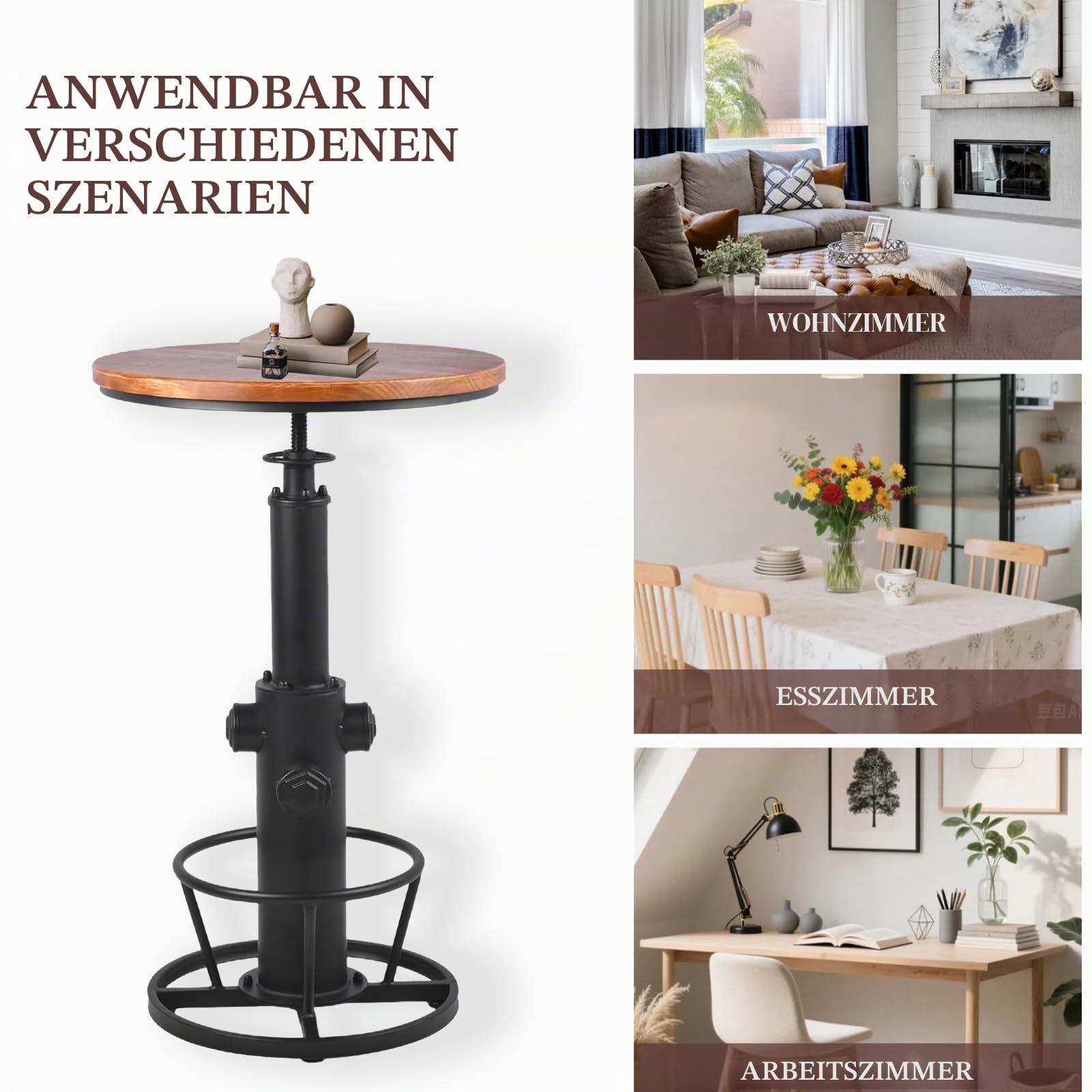Vintage Bistrotisch mit verstellbarer Höhe von 98 cm bis 112 cm, industrieller Bartisch für Küche, Esszimmer, Café, Pub, Büro, drehbar, runde Holzplatte für 2-3 Personen