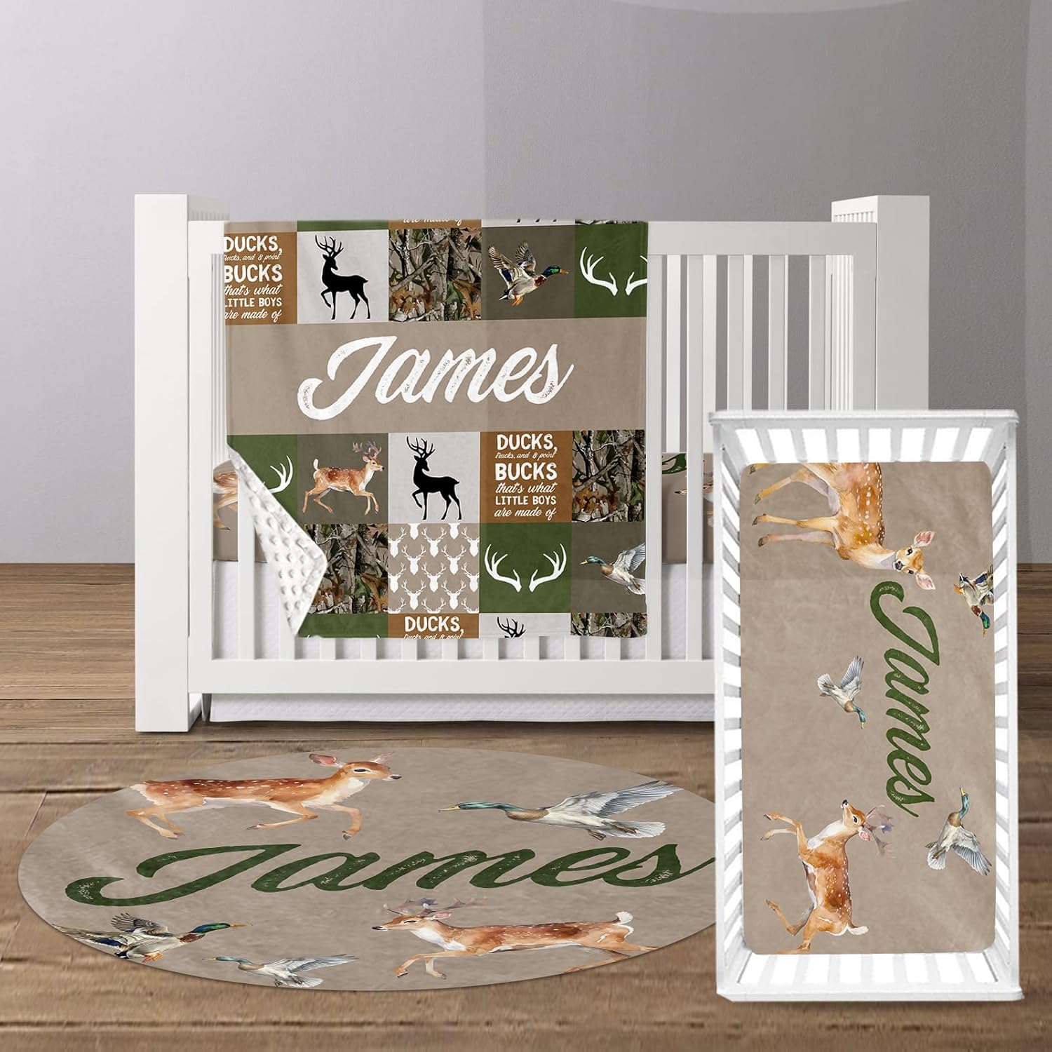 Custom Baby Crib Bedding Set - Green Deer Design Personalized Name Baby Nursery Bedding 3 Pcs Set - Chic Soft Blanket, Fitted Sheet, Room Rug for Newborns Boys Girls Gifts