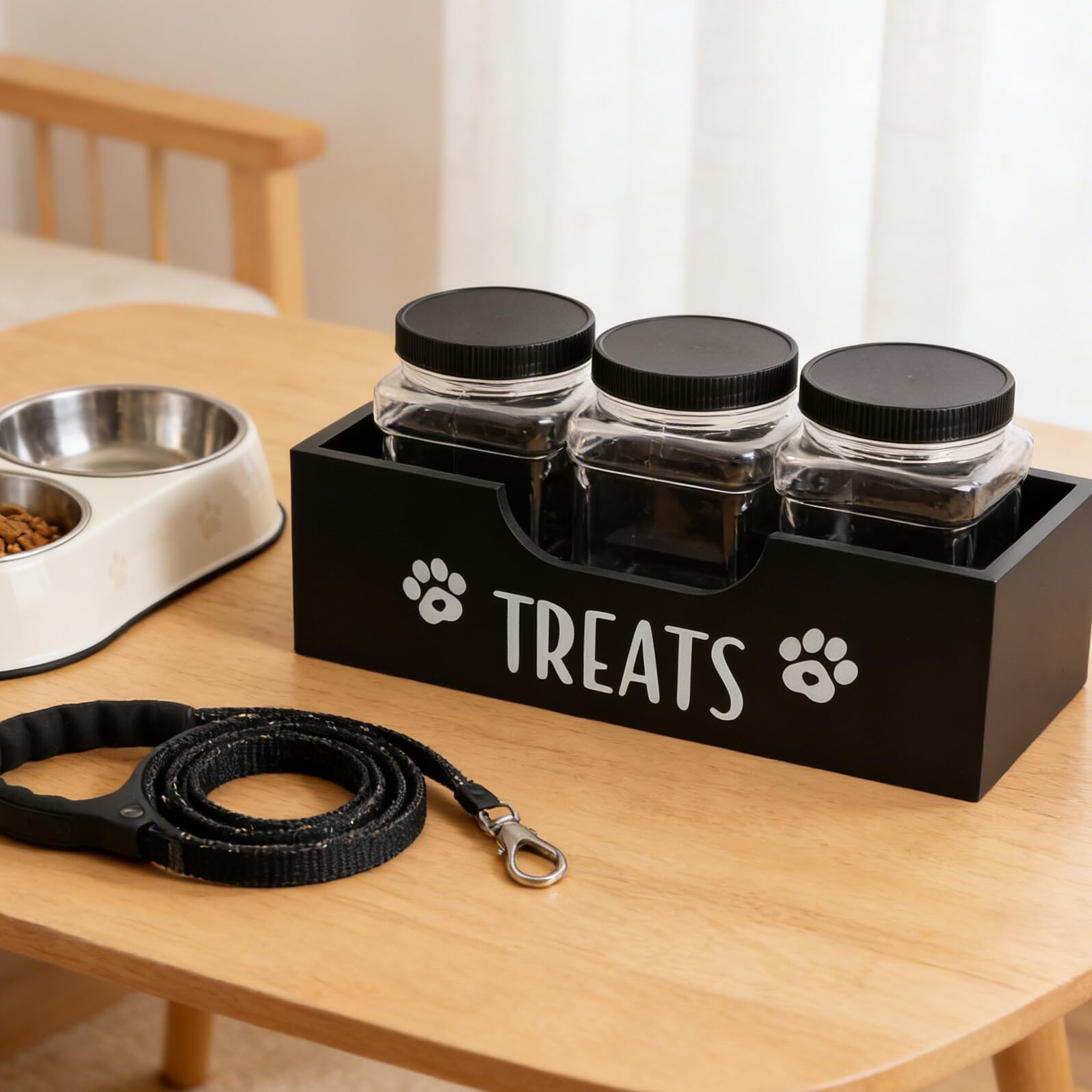 Contenitore Ermetico per Dolcetti Cani con 3 Barattoli Neri – Organizzatore di Snack per Animali Domestici Compatto e Portatile – Conservazione Igienica per Cuccioli in Cucina