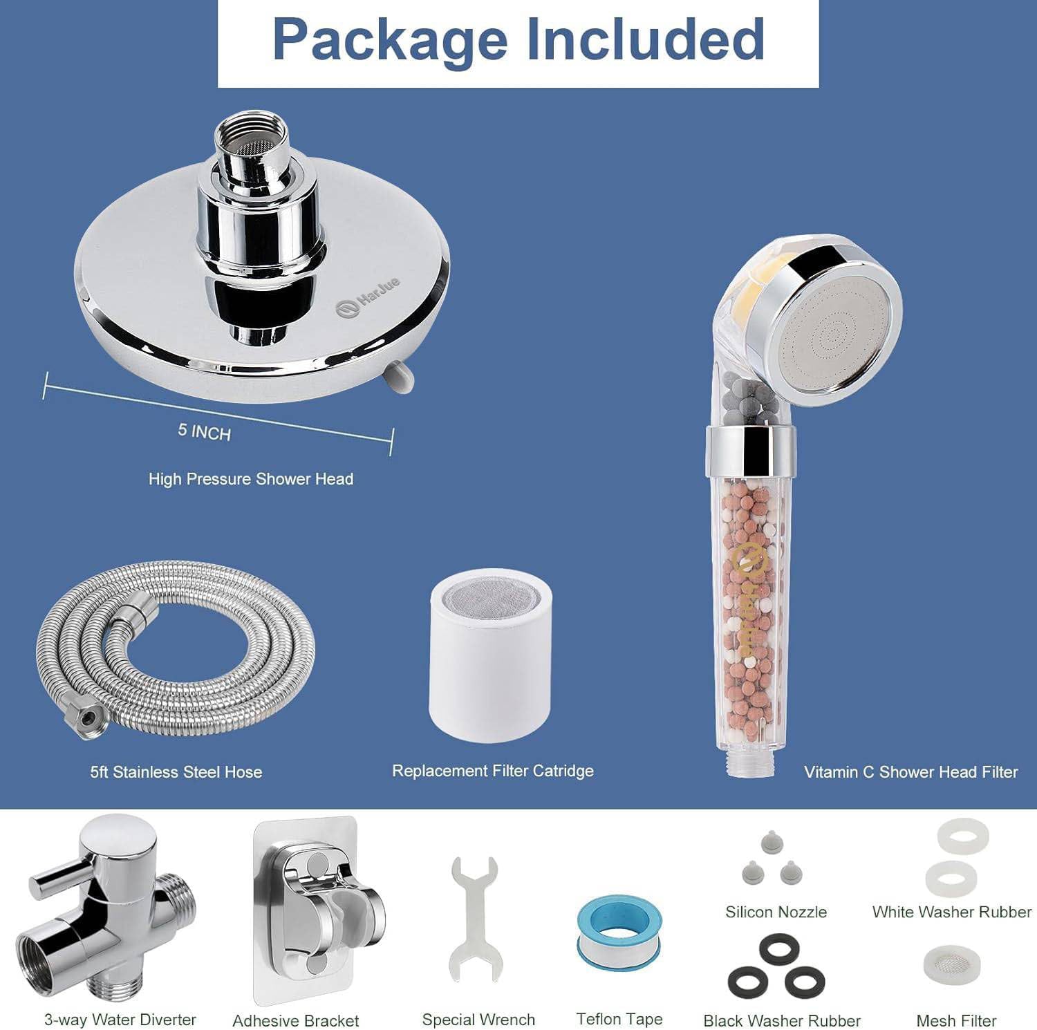 High Pressure 5 Setting Rain Shower Head Combo, 5 Setting Shower Head, Dual Shower Head Set, Handheld Filter Shower for Hard Water, Chrome (With Filter Handheld)