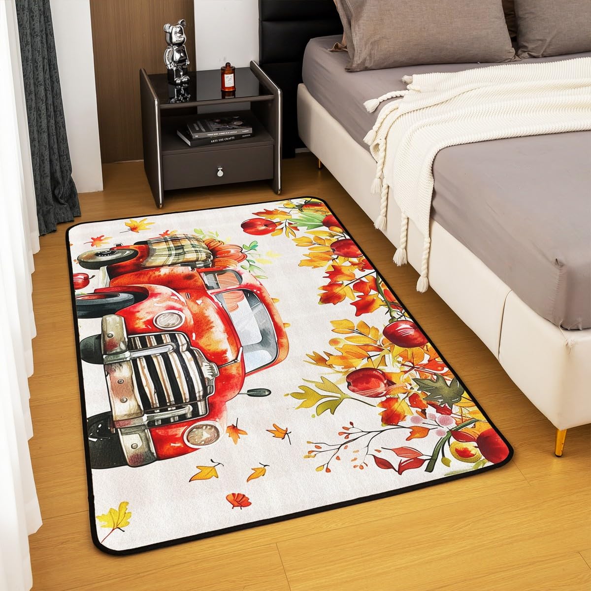 Dywan z motywem dyni 150 x 200 cm, Święto Dziękczynienia z nadrukiem samochodów nie gubi włosia prostokątny dywan, jesienne żniwa dzieci dziewczęta wewnętrzna mata podłogowa do salonu sypialni,