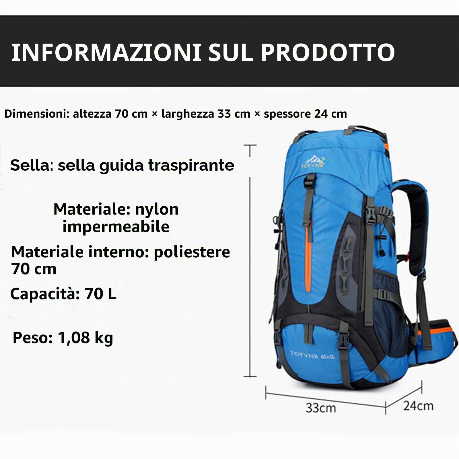 Zaino da campeggio da 70 l, zaino da trekking leggero in nylon leggero, per uomo e donna, grande capacità, per sport, alpinismo, arrampicata, viaggi, impermeabile