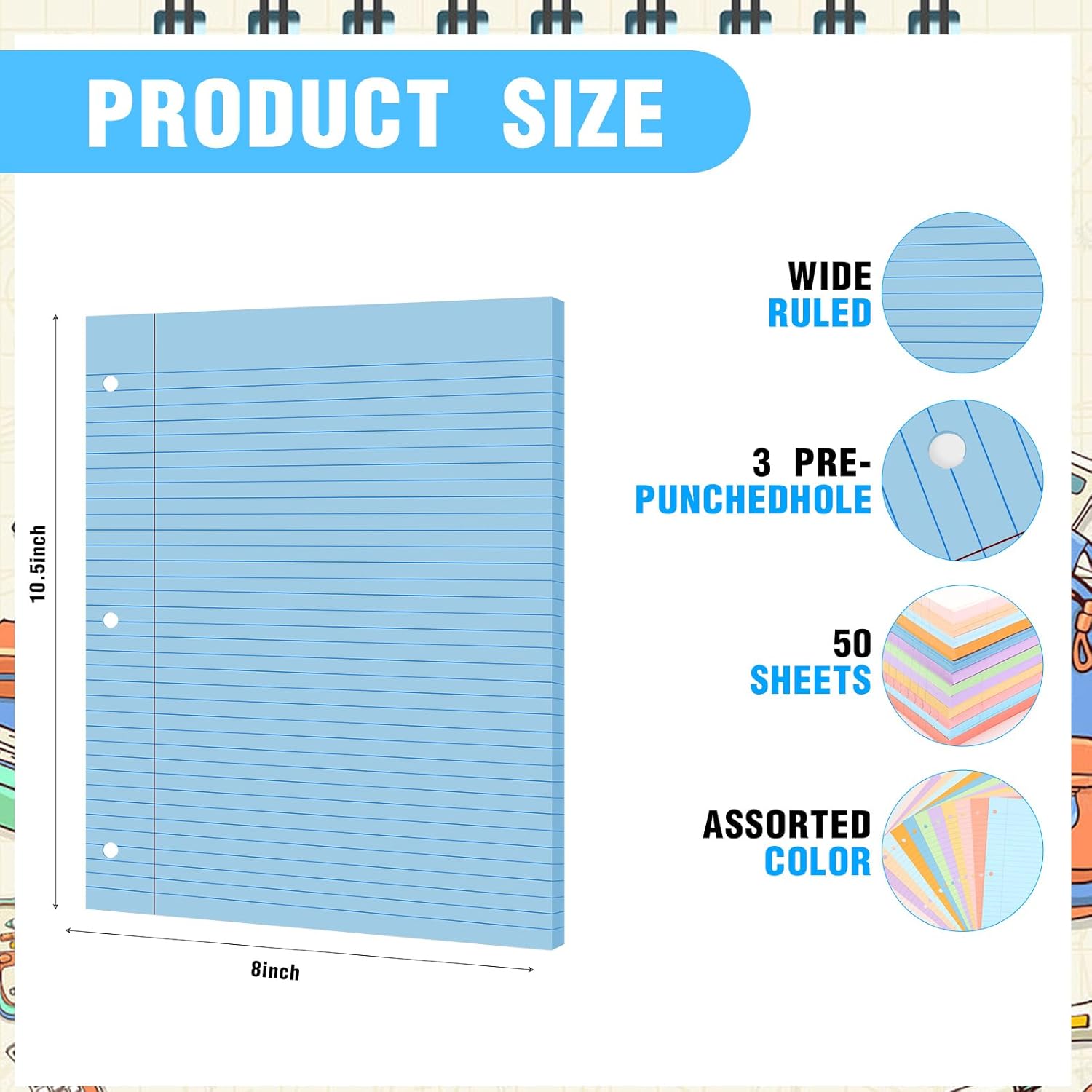PerKoop 12 Pack 600 Sheets Colored Loose Leaf Paper College Ruled 8" x 10.5", Pastel Colorful Lined Writing Paper 3 Hole Punched Filler for 3 Ring Binder School Office Supplies(Sweet Color)