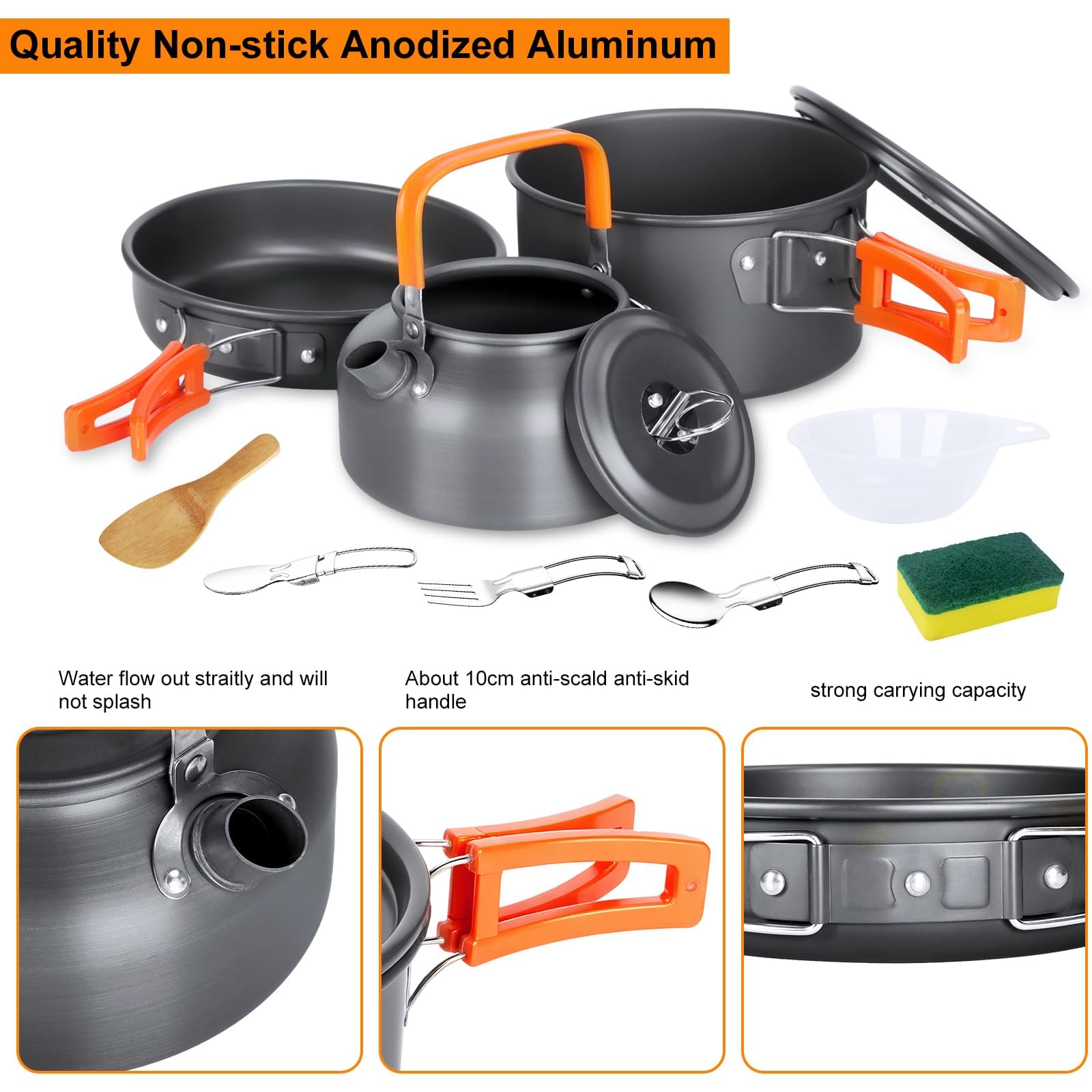 USHOP 15 Pcs Kit de Utensilios Cocina Camping,Vajilla de Camping de Aluminio,Cocina Portátil Juego de Utensilios de Cocina para Pícnic Al Aire Libre Senderismo Acampada Viajes Montañismo, 2-3 Personen