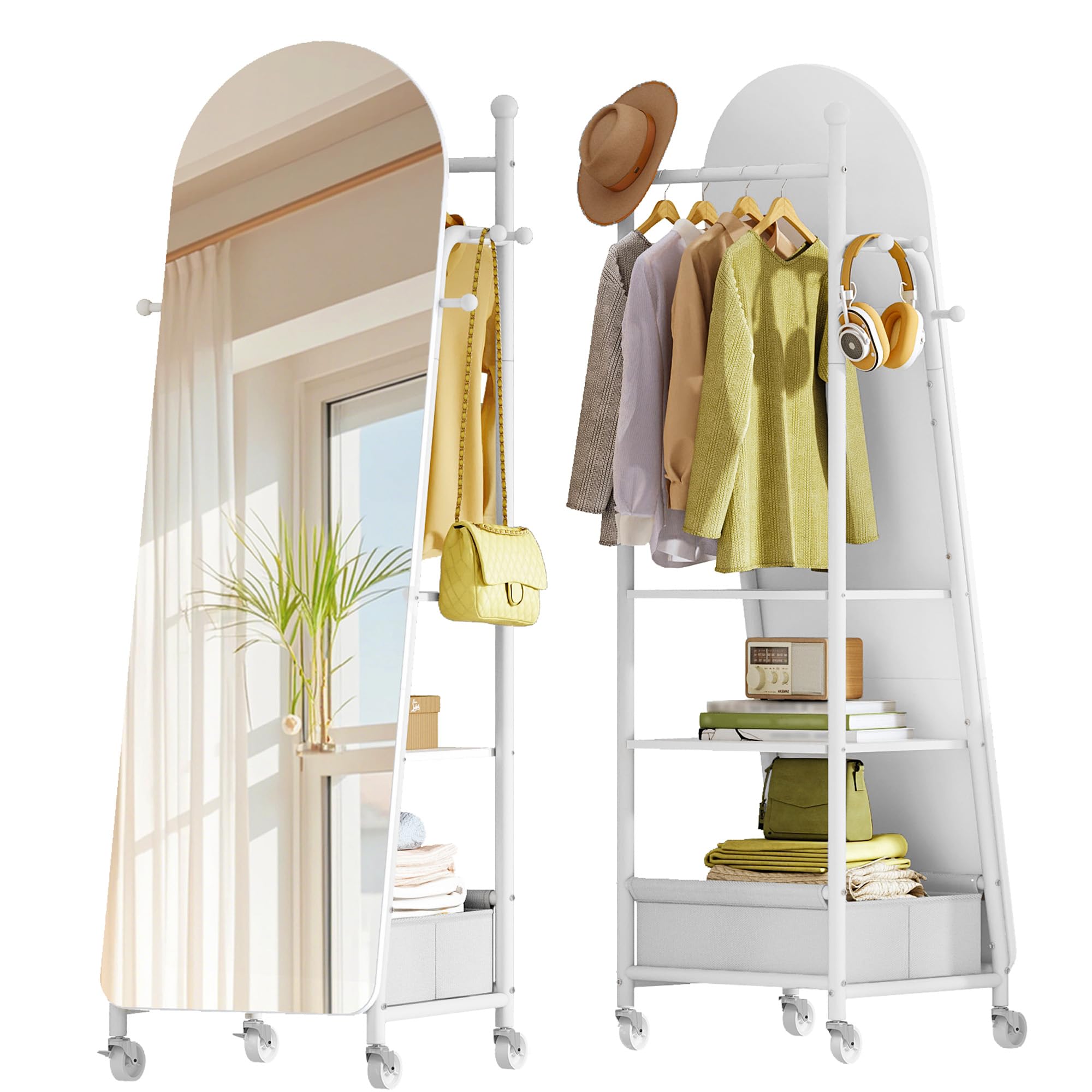Hzuaneri Ganzkörperspiegel, Standspiegel mit Kleiderständer, 50 x160 cm, 360° Drehbare Rollen, Großer Spiegel mit Aufbewahrungsbox und Haken, für Schlafzimmer und Wohnzimmer, Weiß DM42203W