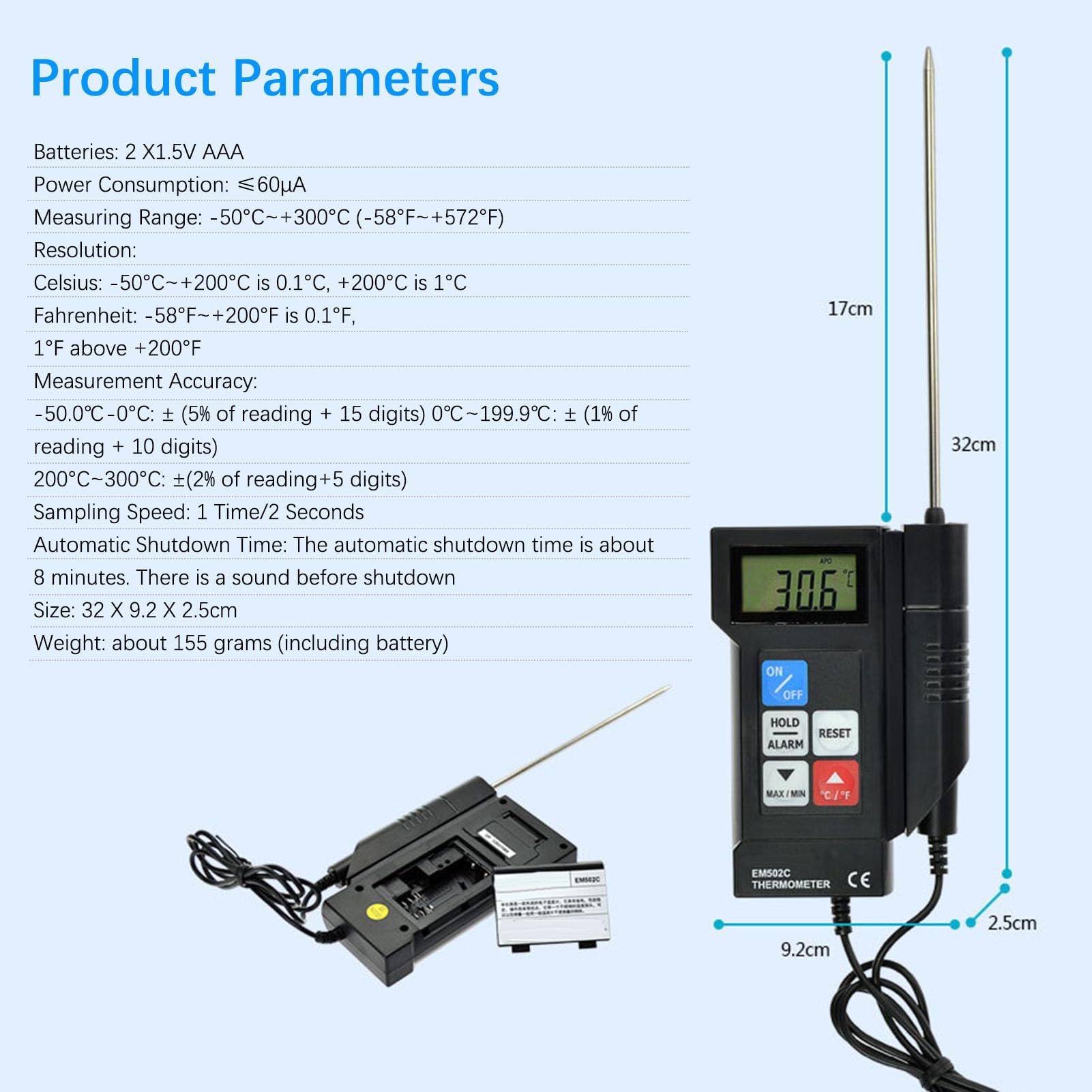 Professionelles Digitales Thermometer mit Fühler Hochpräzises Elektronisches Thermometer Wassertemperatur, EM502C für Lebensmittel Industrie