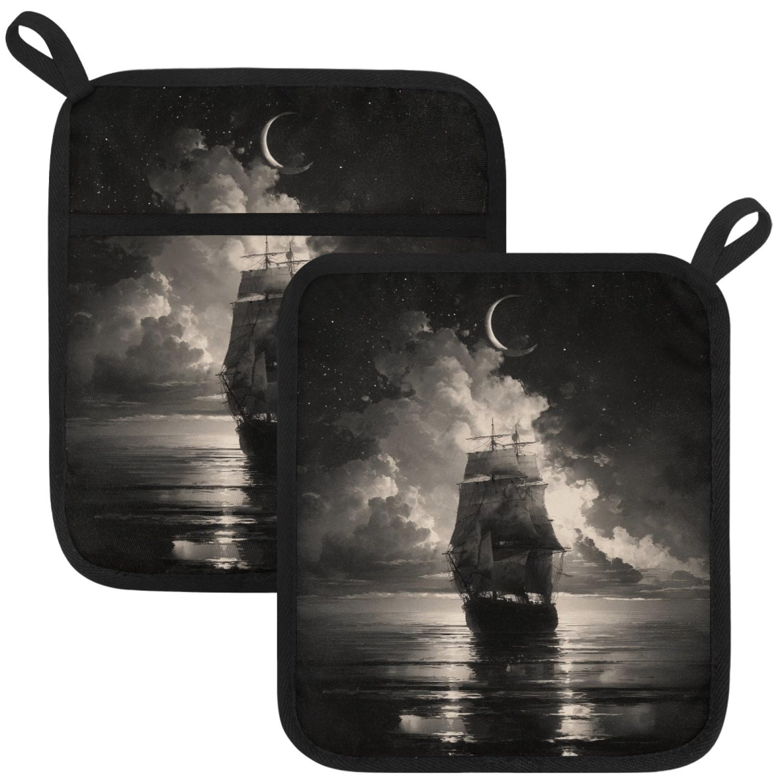 VAPOKF Sailboat Moon Kitchen Hot Pot Holder, Pot Holders Heat Resistant Pot Holder with Pocket Heat Resistant Trivets for Hot Pans Cotton Pot Mitts for Kitchen Cooking Baking