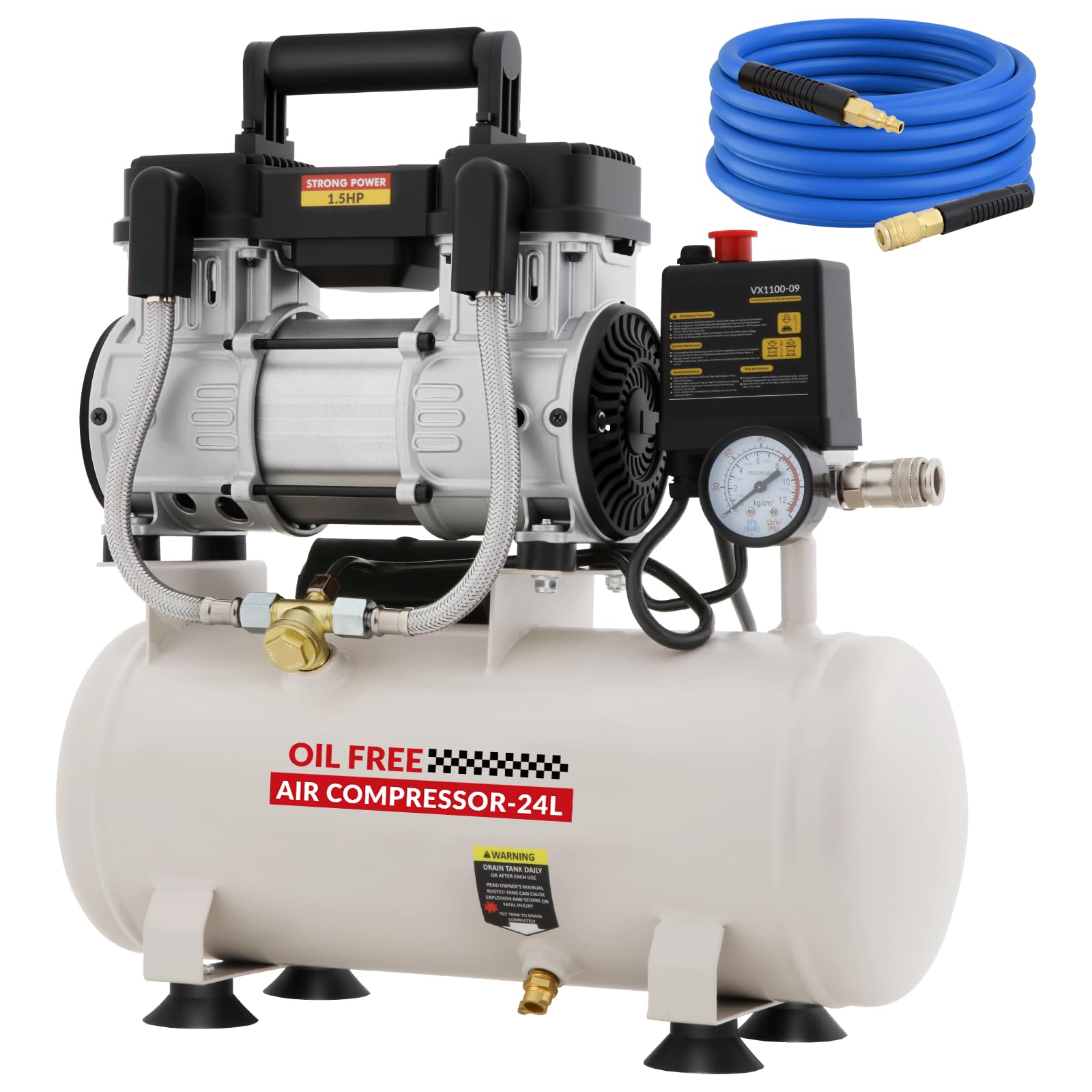 Compressore d'Aria Silenzioso,Compressore Aria Oil-Free, Serbatoio 24 Litri,1100 W/1,5 HP, Pressione Massima 8 bar,Rumorosità 60 dB con Tubo Dell'aria da 10M