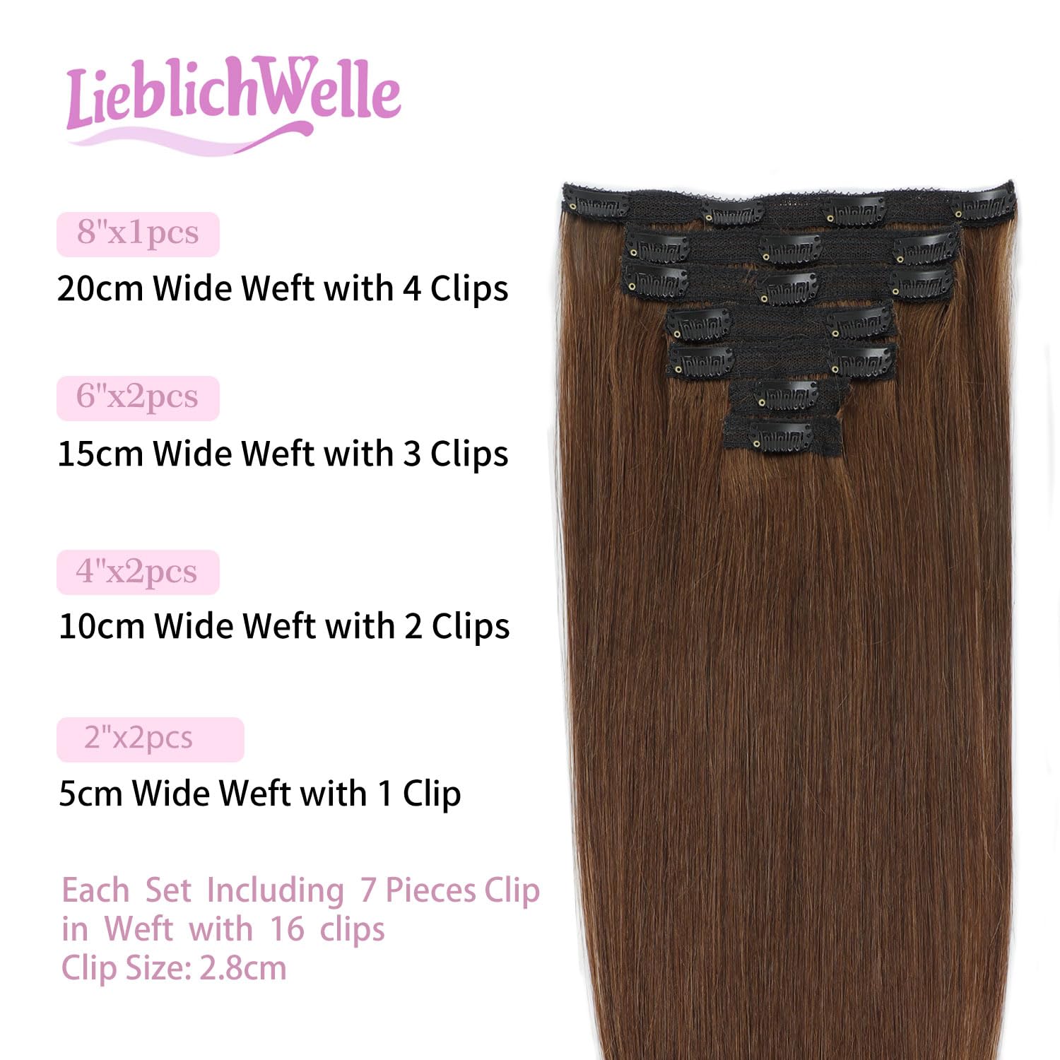 LieblichWelle Human Hair Extensions Clip in Hair Extensions Real Human Hair Brown 20 inch, 7pcs, 80g/Pack - Image 2