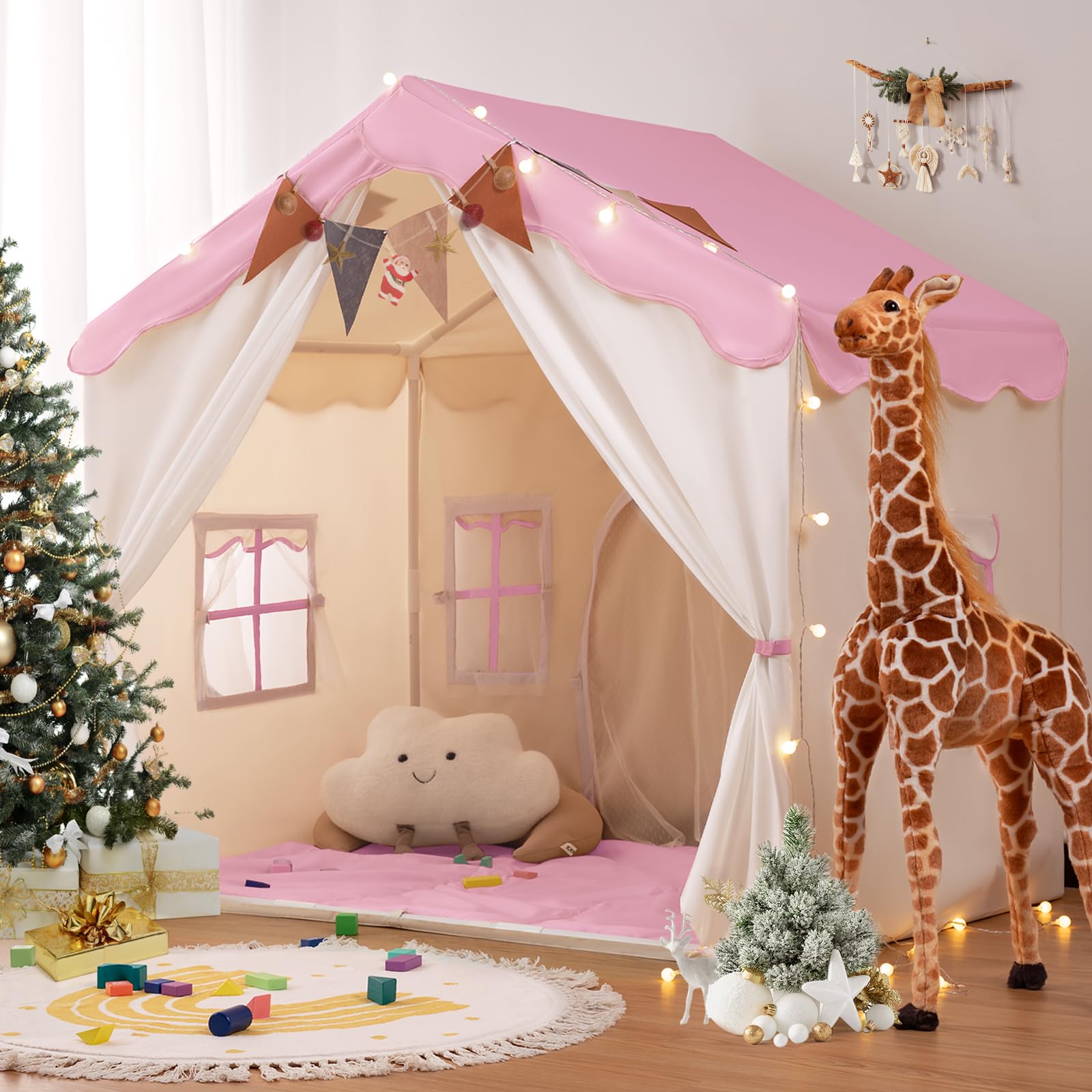 besrey Kids Tent, Kids Play Tent 2 in 1 with Padded Mat and Lights, Large Playhouse with 2 Doors & 4 Windows, Indoor & Outdoor, Christmas Toddler Playhouse, 51" x35" x 51" (Pink)