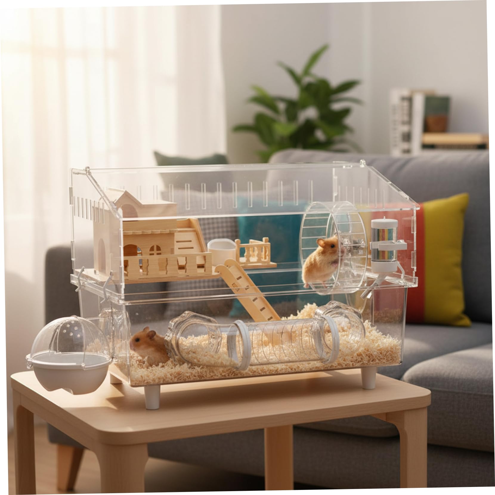 Jaula para hámster, Espacioso hábitat de hámster acrílico Transparente con Loft de Madera, diseño a Prueba de Escapes para hámsteres y Ratones.