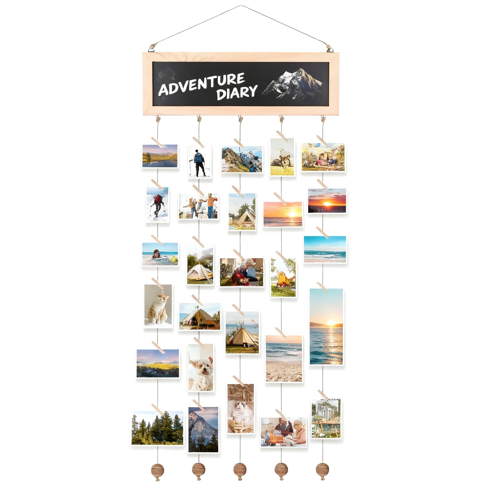Fotovorhang Bilderrahmen mit Klammern und Leine DIY Fotowand Fotoseil mit 30 Holzklammern und Holzplatten, Fotohalter Wand zum Postkarten Aufhängen Kreative Foto Aufhänger Dekoration für Wohnzimmer, S