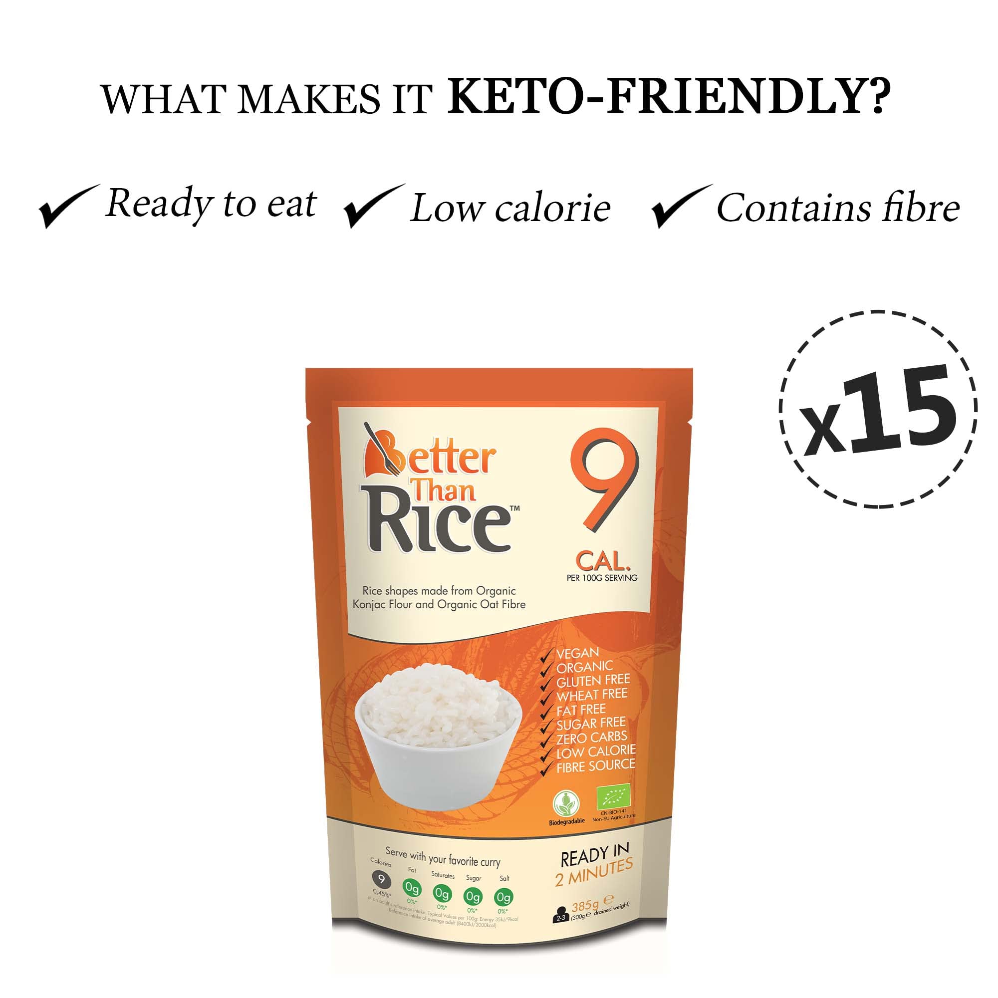 Better Than Rice - Zero Carb Konjac 'Rice', 15 Pack, Keto, Paleo, Vegan, Low Calorie (9kcal/100g)